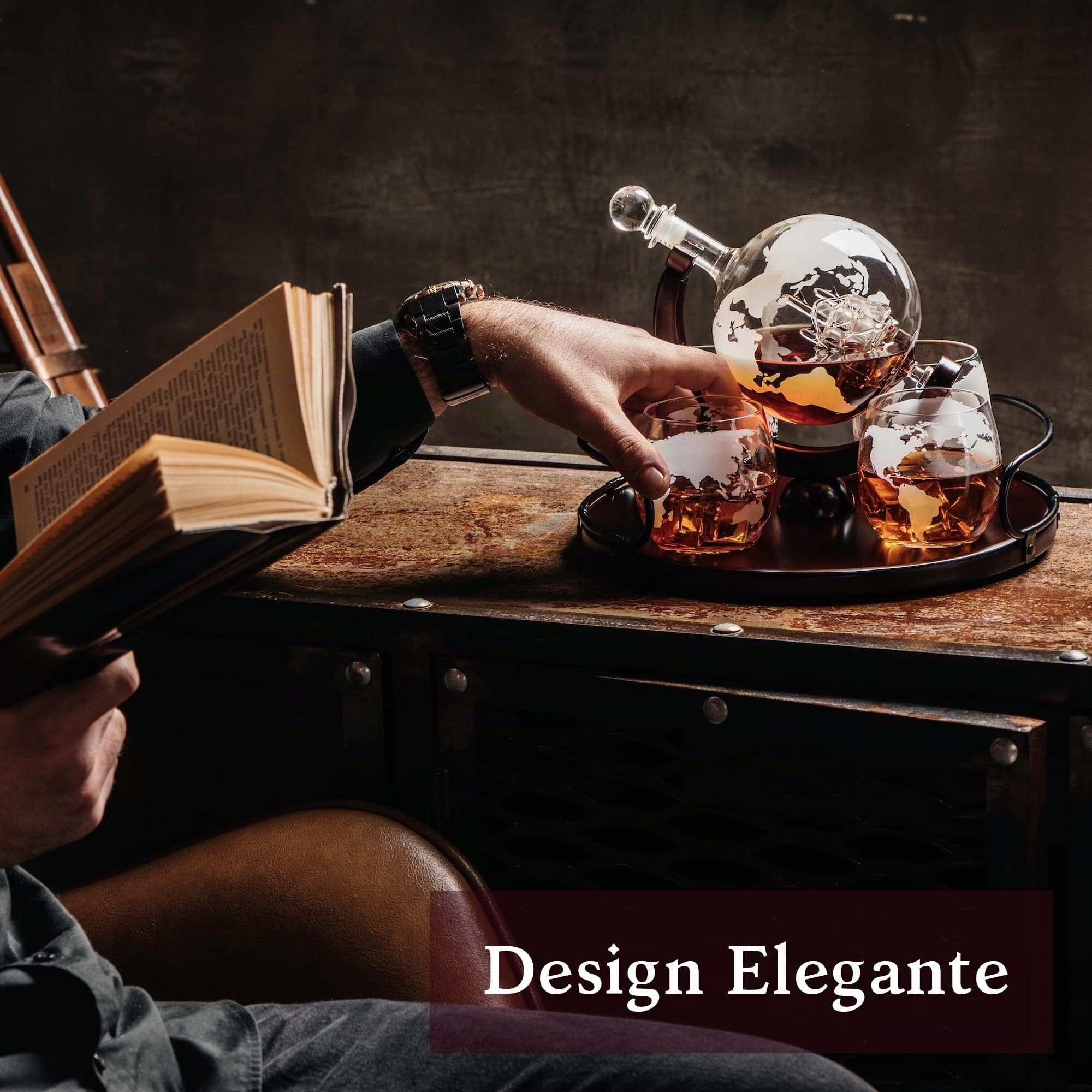 Caraffa per whisky a forma di globo per alcool, set da bar con bicchieri, supporto in legno e mappa del mondo, regali per uomini e donne, accessori per bottiglie di vetro, per gin, rum, scotch,