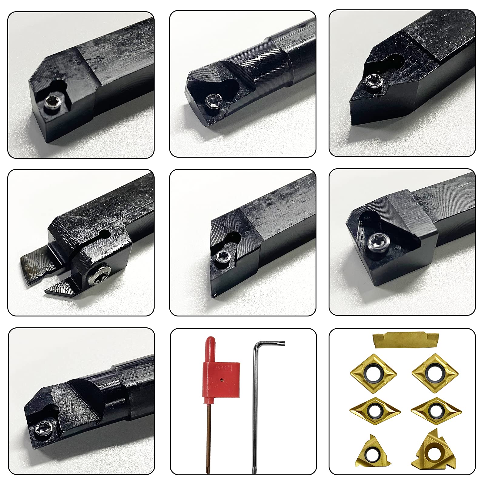 21er Set Drehmeißel, 12mm Bohrstange Schaftdrehmaschine Drehwerkzeughalter mit Hartmetall-Wendeschneidplatten, T8 Schraubenschlüssel