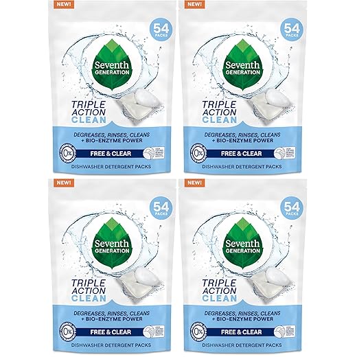 Seventh Generation Triple Action Clean Automatic Dishwasher Detergent Packs with Bio-Enzyme Power, Free & Clear, Fights 48-hour Stuck-on Food, 54 count (Pack of 4)
