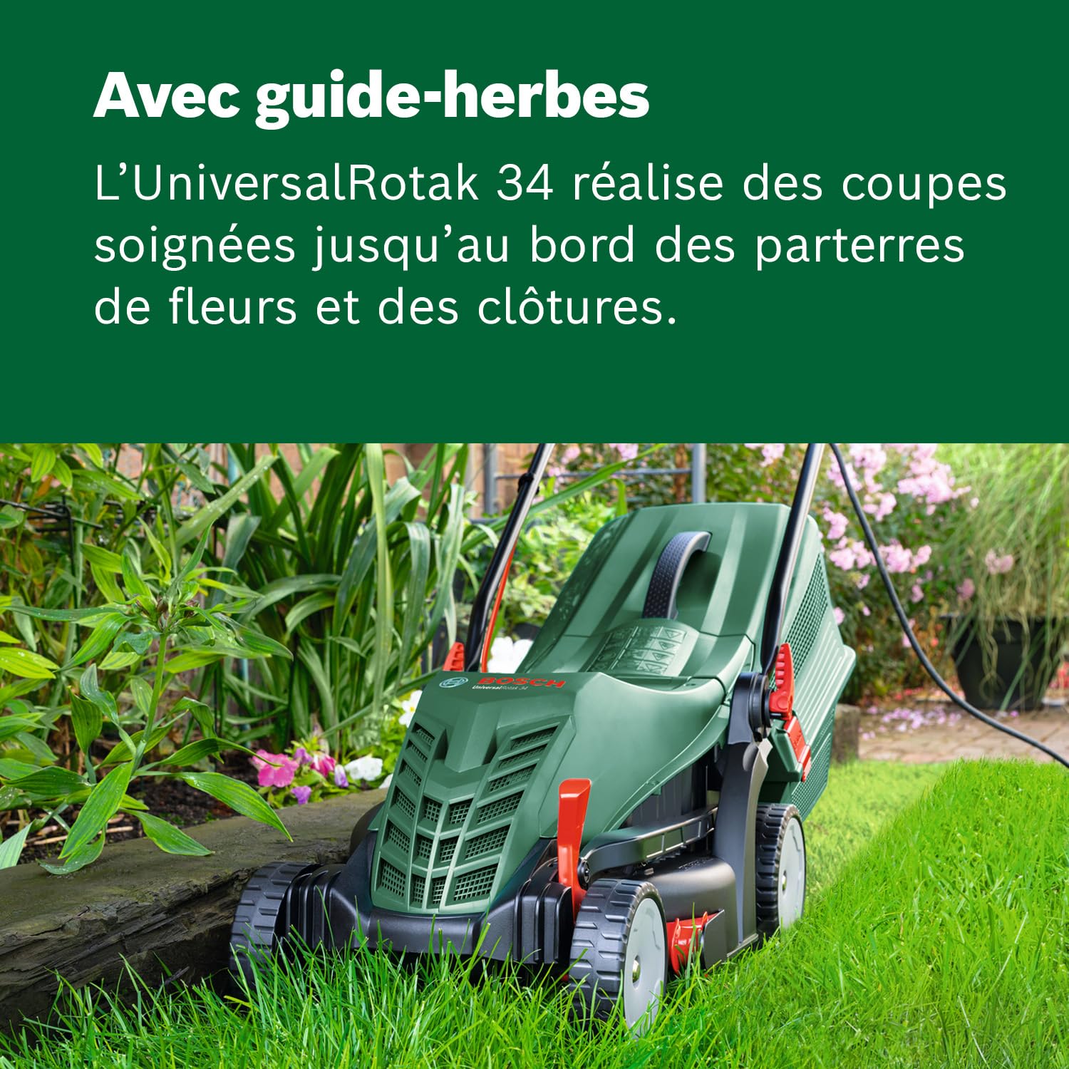 Bosch Tondeuse à Gazon Filaire UniversalRotak 34-405 (Moteur de 1 300 W, Largeur de Coupe : 34 cm, bac de ramassage 40 litres, pour la Tonte Uniforme de pelouses en Laissant des Bordures Propres)