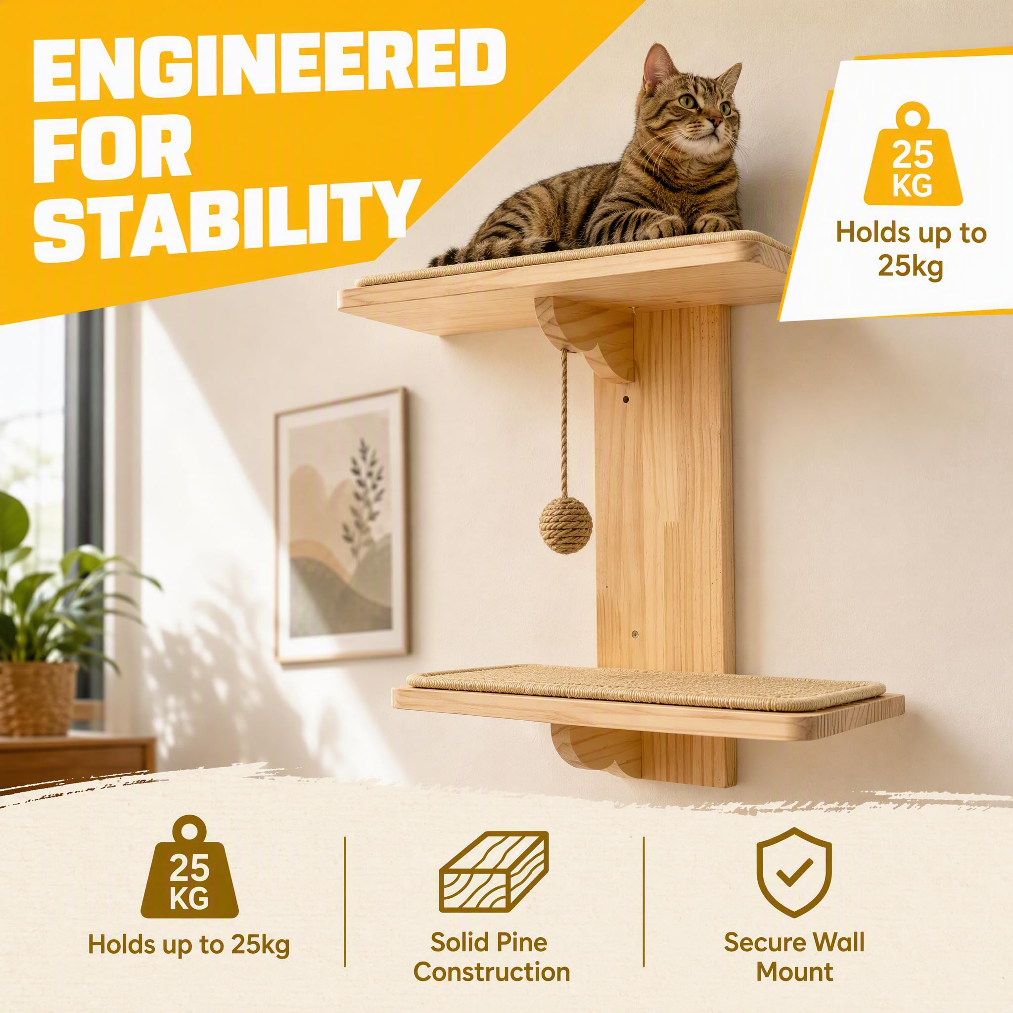 Kletterwand Katze Holz mit Integriertem Sisalball & 2 Plattformen