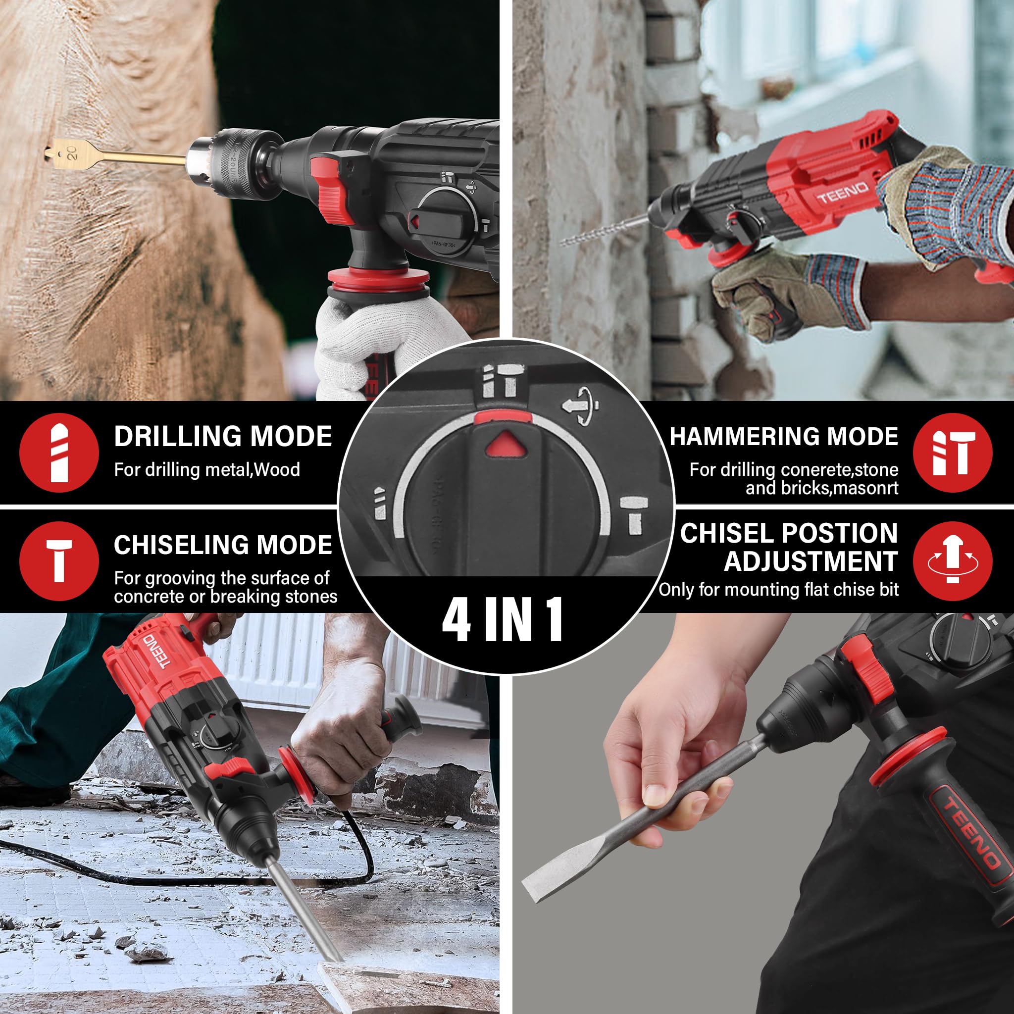 TEENO Marteau Perforateur Filaire SDS Plus 950W avec 17 Accessoires, Marteau Perforateur 0-1150RPM/5100BPM avec 4 Fonctions et Embrayage de Sécurité,Vitesse Variable,Béton, Acier, Bois