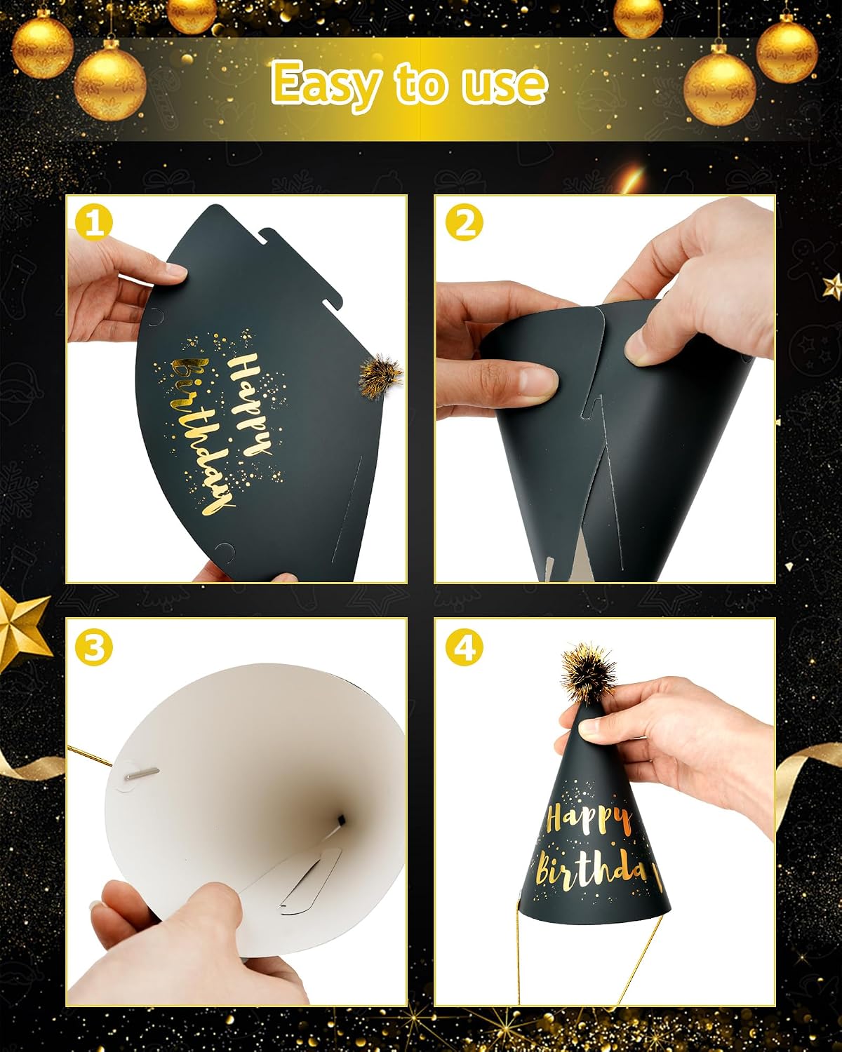 JOYEONDEF 30 Pcs Gold Birthday Party Hats Decoration Set – Black and Gold Cone Hats Includes 8 Paper Hats and 22 Metallic Noise Makers