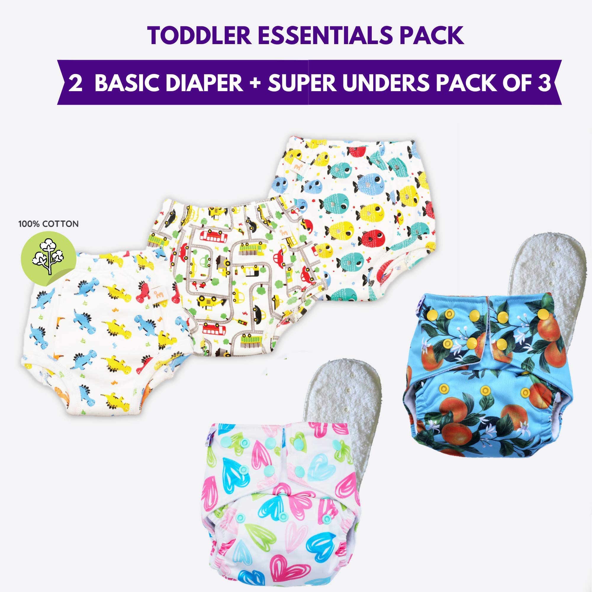 BASIC Baby Combo - Assorted PACK OF 9 (4 Shell + 4 Insert + 1 Reversible freesize waterproof Bib) Adjustable, Washable and Reusable Freesize cloth diaper With Dryfeel inserts/soakers(Fits babies from 5-17kgs)