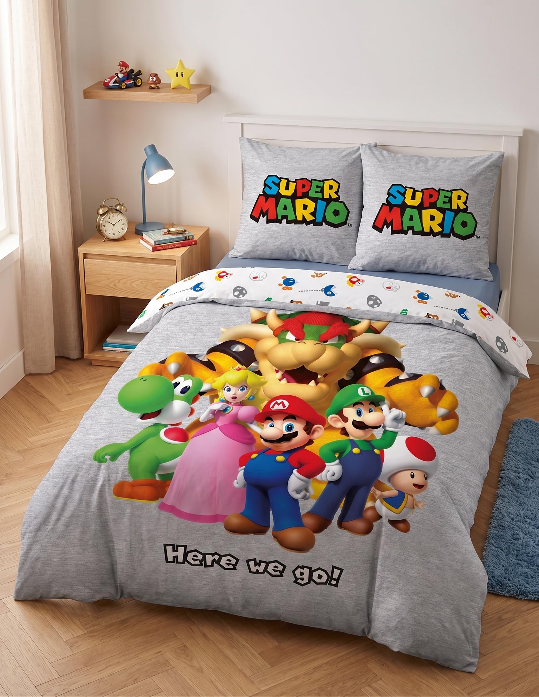 Super Mario Funda Nórdica Cama 150 240x220 + 2 Fundas Almohada Reversible | Ropa de cama 2 personas | Microfibra ultra suave secado rápido | Mario Luigi Peach Yoshi Bowser Toad | 2 diseños | Regalo