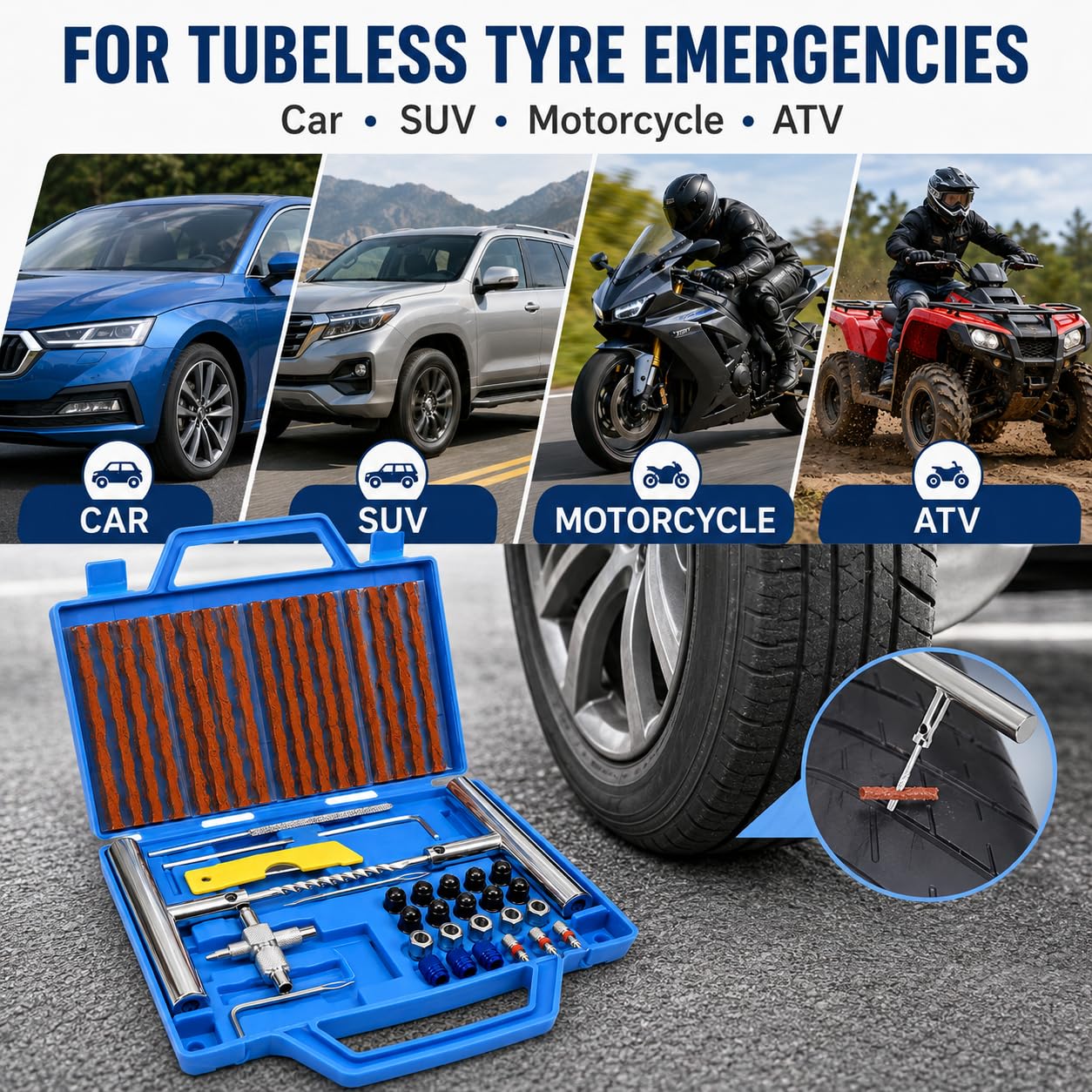 Kit di Riparazione Pneumatici 57 Pezzi Set di Emergenza Tubeless