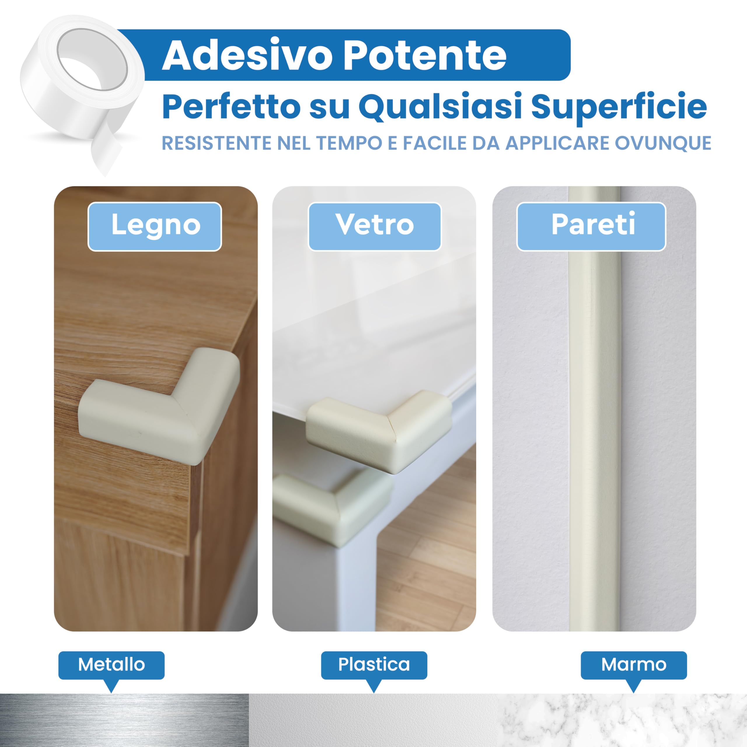 Happy Chlea Copri Angoli in Gomma con Schiuma Attiva, Kit Sicurezza Casa 2m Parabordi + 4 Angolari Morbidi + 2 Blocca Cassetti