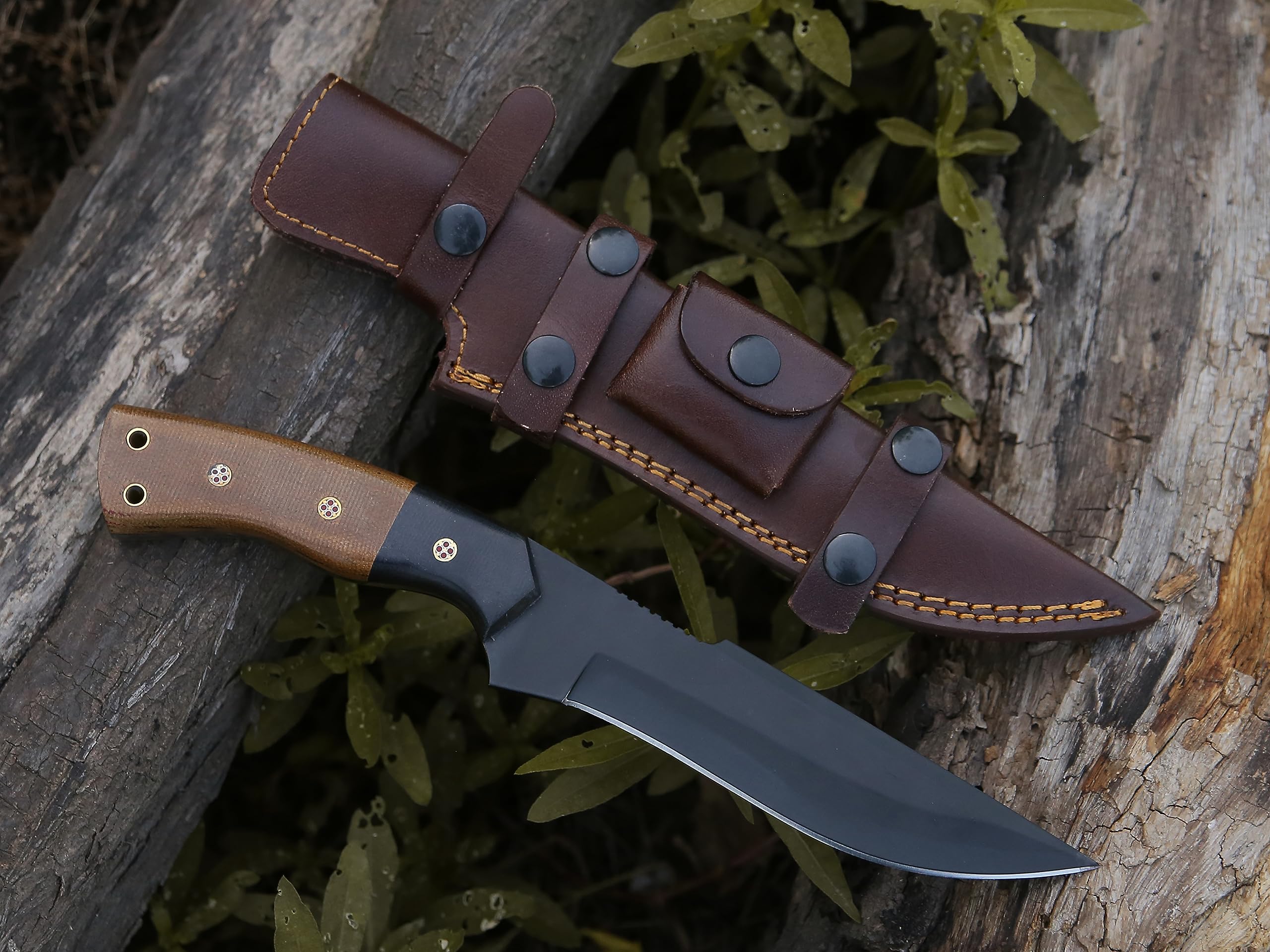 HMC Handmade, High Carbon Steel Knife, Powder Coated Rust Free Blade, Fixed Blade Hunting Knives, Full Tang Deer Hunting Knife, Bush Craft Knife, Survival Knife, Tactical Knife For Men, Scout Carry Knife, Razor Sharp Custom Bowie knives, Bowie Knife with Scout Carry Sheath, Outdoor Knife with Micarta Handle for Firm Grip, Non Slip Handle (Black & Brown)