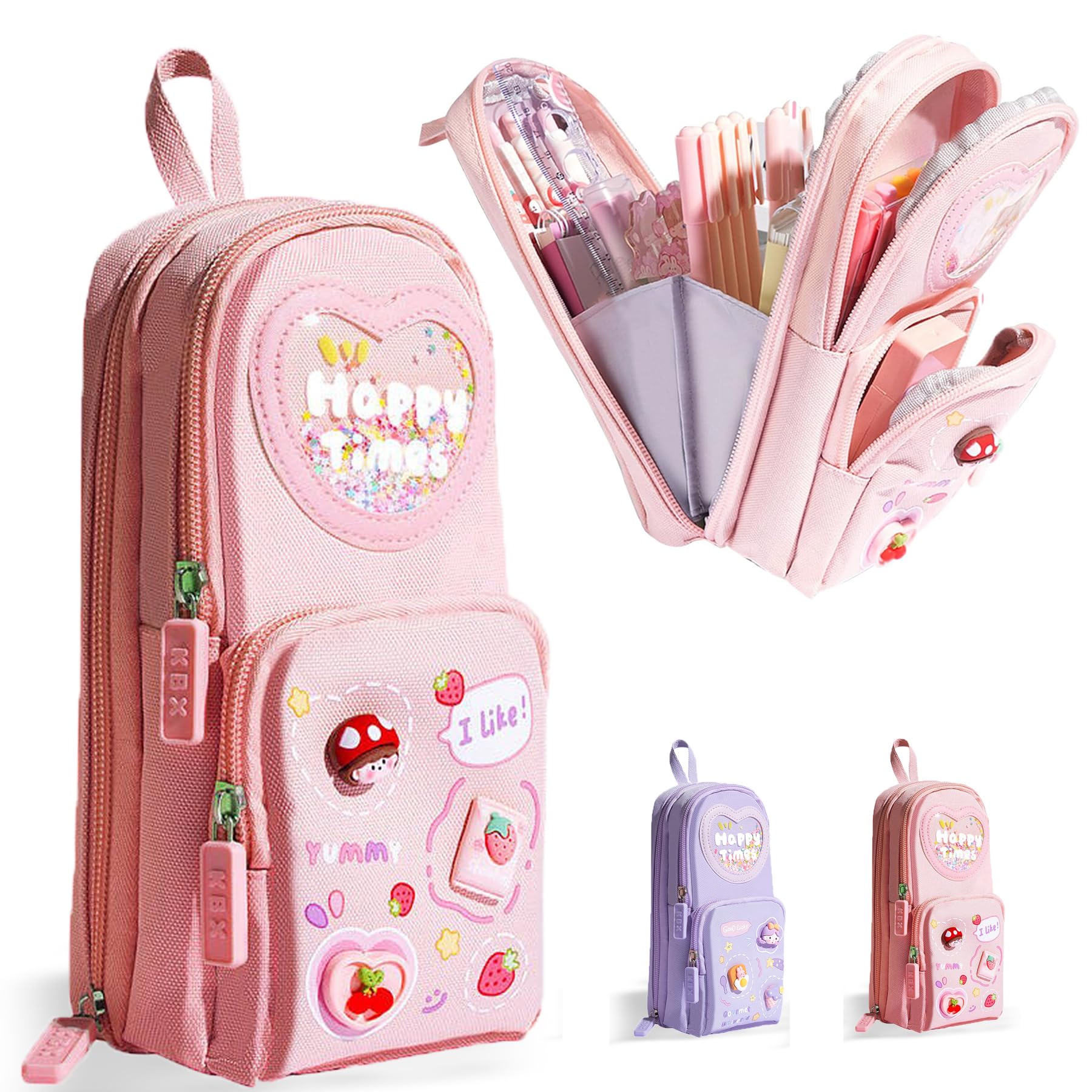 Estuche Escolar Mochila Rosado, Estuche Escolares con 3 Compartimentos, Estuches Aesthetic de Lápices de Gran Capacidad con Solapa, Estuches Escolares para Niñas Adolescentes Estudiantes Oficina