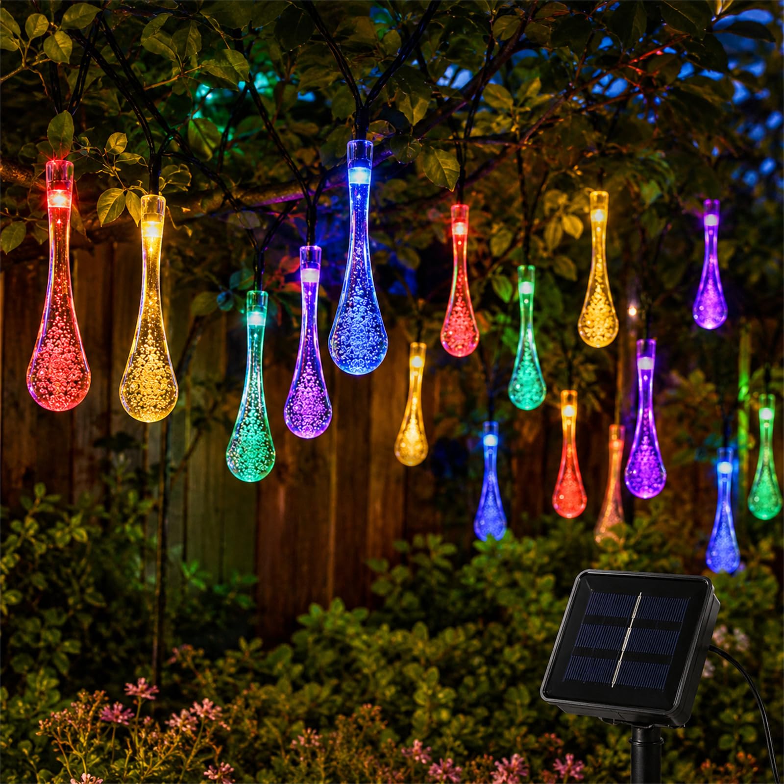 ENEN Water Droplets LED Solar Lights Outdoor Garden, 8 Modes Hanging Indoor/Garden Lights, IP43 Waterproof Garden Ornaments Outdoor, for Gazebo Home Party Wedding Decor (Colorful,5M/20LED)