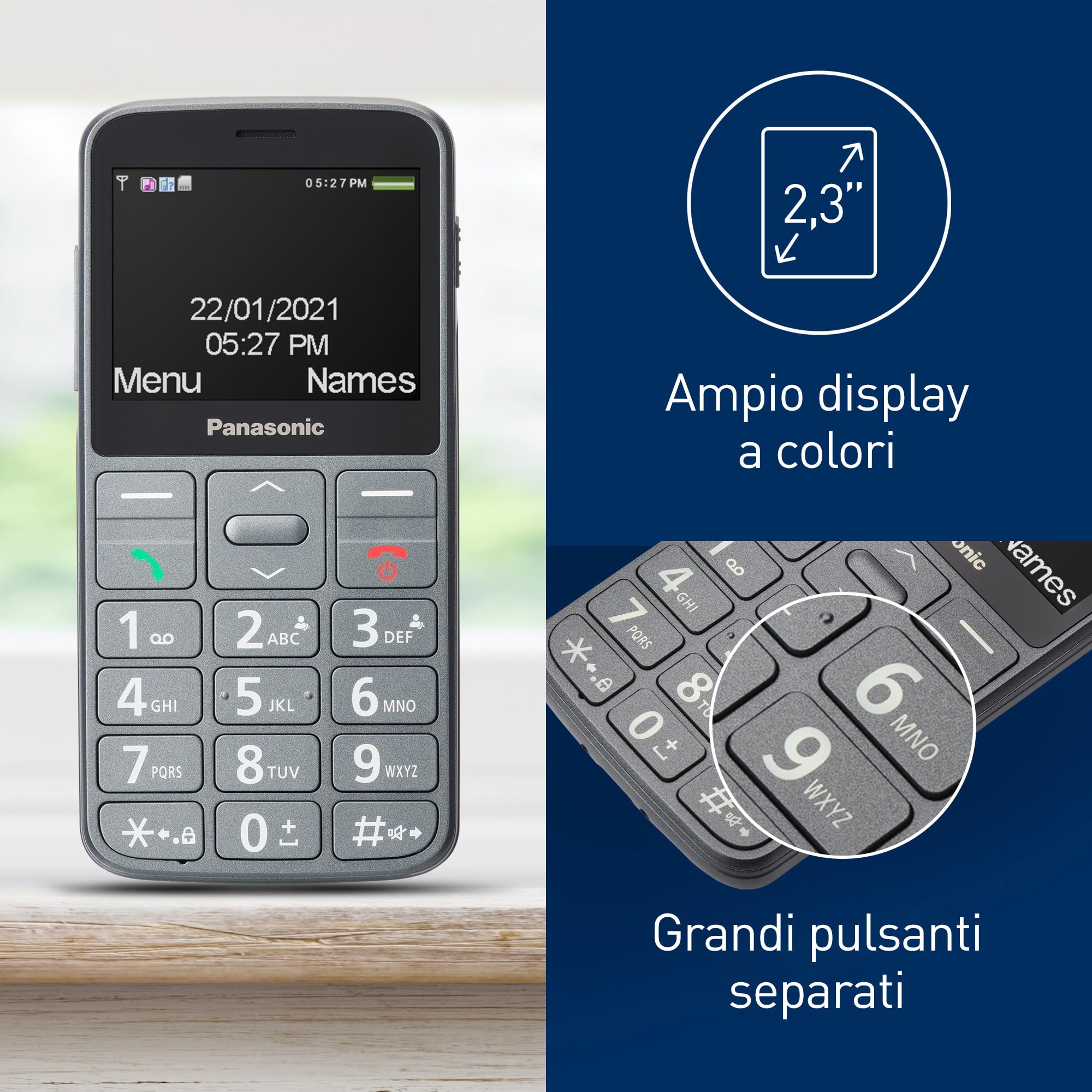Panasonic KX-TU160EXG - 2G Telefono Cellulare per Anziani, Tasti Grandi, Caratteri Ben Visibili, Pulsante SOS, Facile da Usare, Colore Grigio