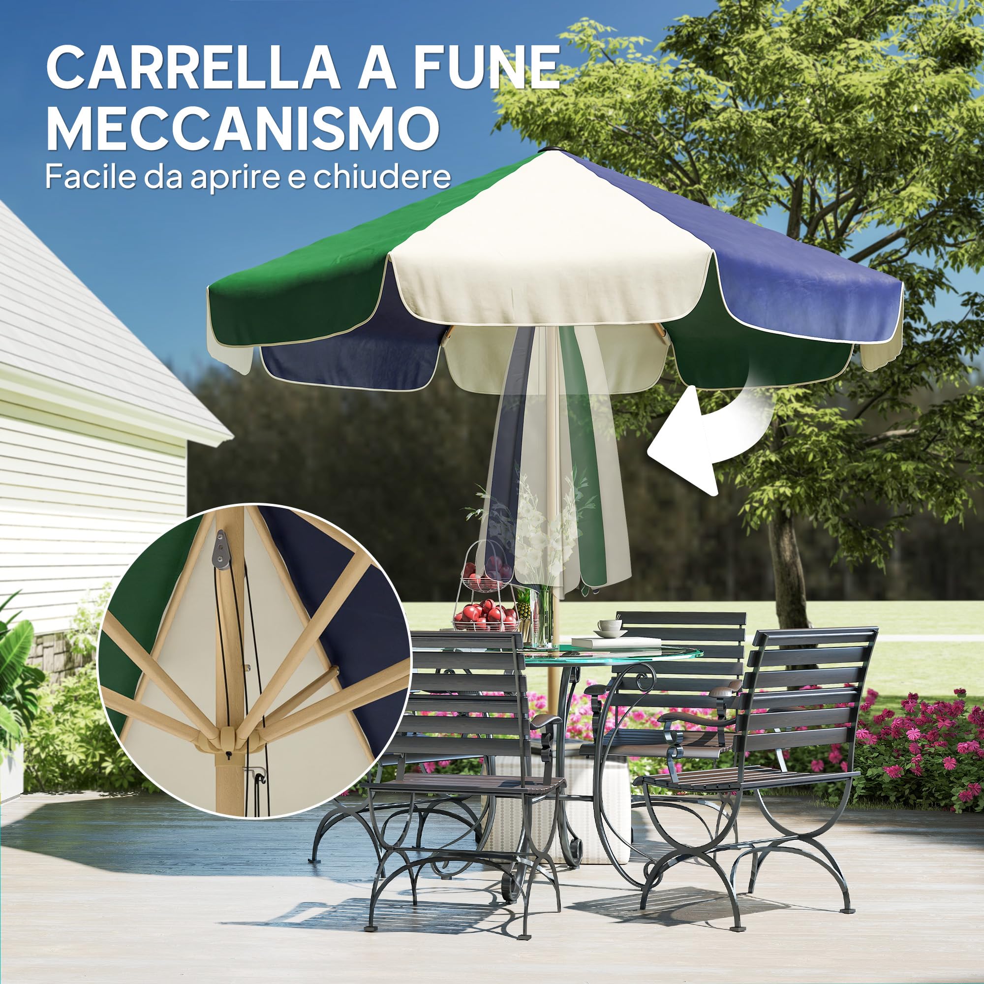 Outsunny Ombrellone da Giardino 8 Stecche UV 30+ Patio Verde Scuro e Crema | Telaio Effetto Legno, Tettuccio a Blocchi di Colore, Ombrellone da Esterno, Terrazzo, Balcone