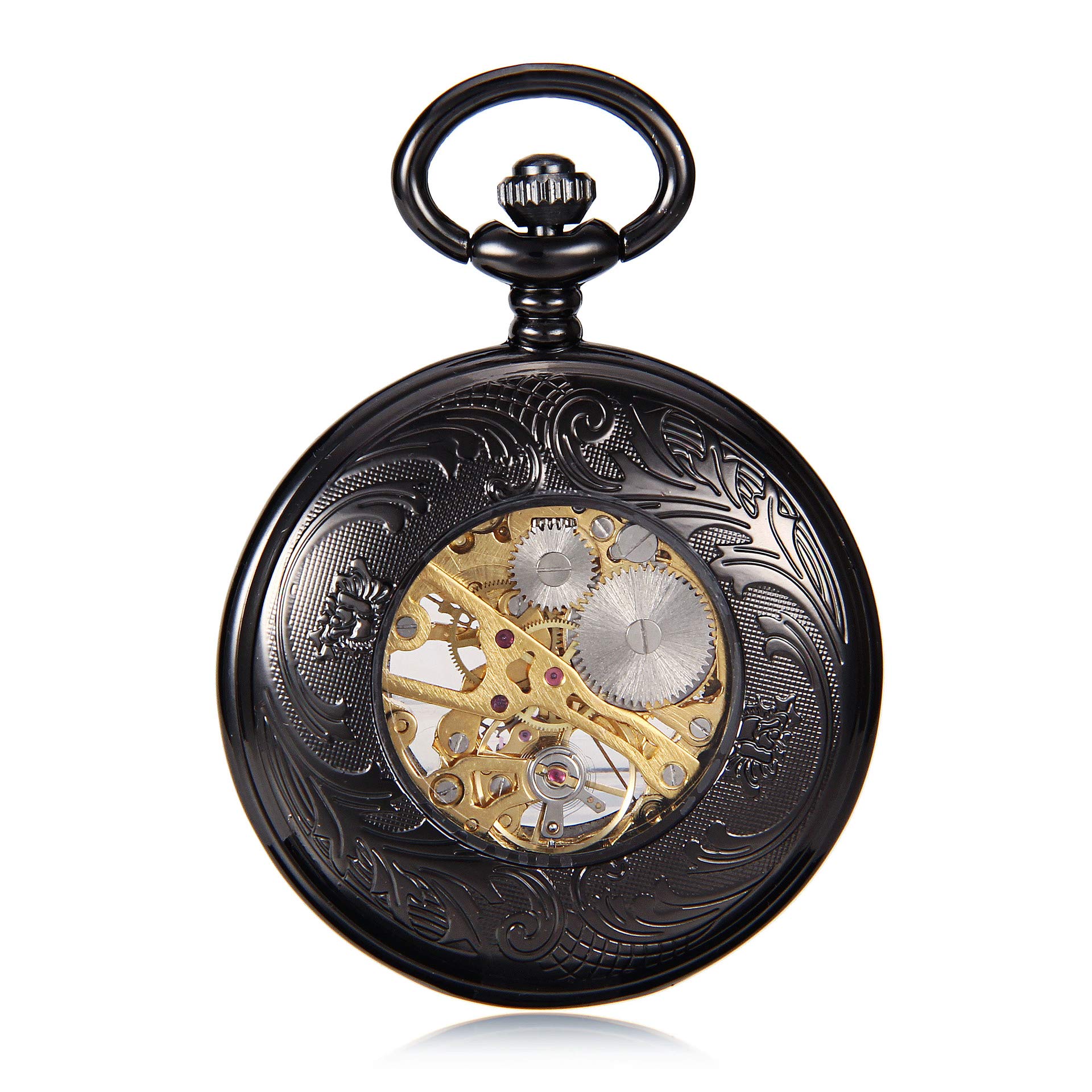Steampunk Vintage Roman Litery Design Case Mechaniczny zegarek kieszonkowy z łańcuszkami na prezenty świąteczne, Czarny