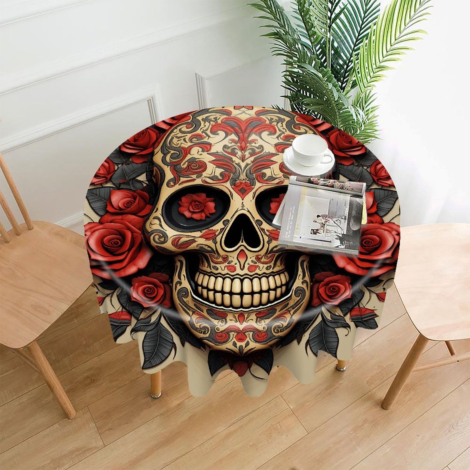 VstaDank Red Rose Sugar Skull Tablecloth Easy to Clean Polyester Round Table Cover Washable Round Table Cloth Wrinkle-Free Circle Decoration Tablecloth for Kitchen Dining Room 60"