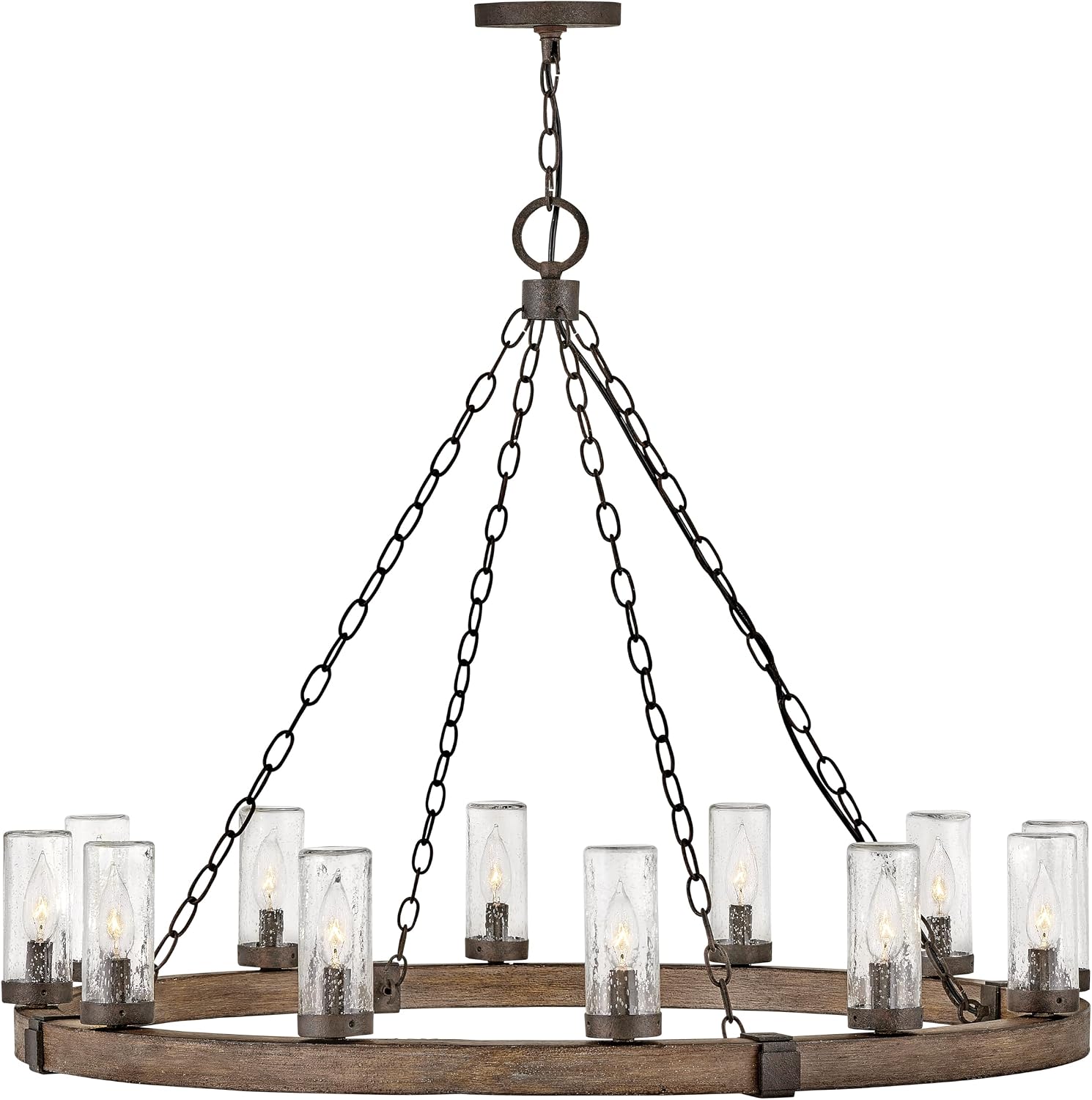 Hinkley Sawyer Twelve Light Single Tier Outdoor Chandelier – Open Air Collection, Rustic, Clear Seedy Glass – Sequoia with Iron Rust Accents