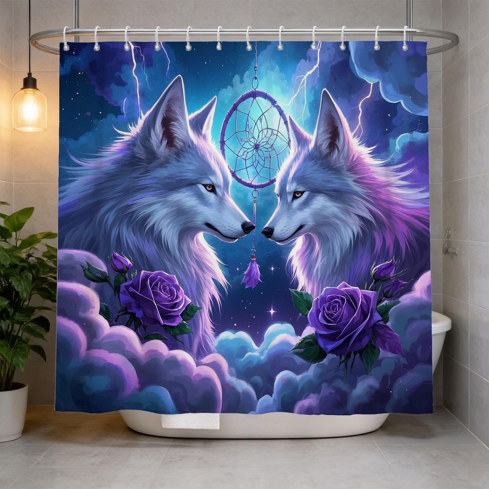 Hongduo 3D Couple Wolf Shower Curtain for Stalls Bathtubs Cartoon Bathroom Decor Shower Curtain Set Polyester Fabric Waterproof 180x180cm/71X71 Inch with Hooks