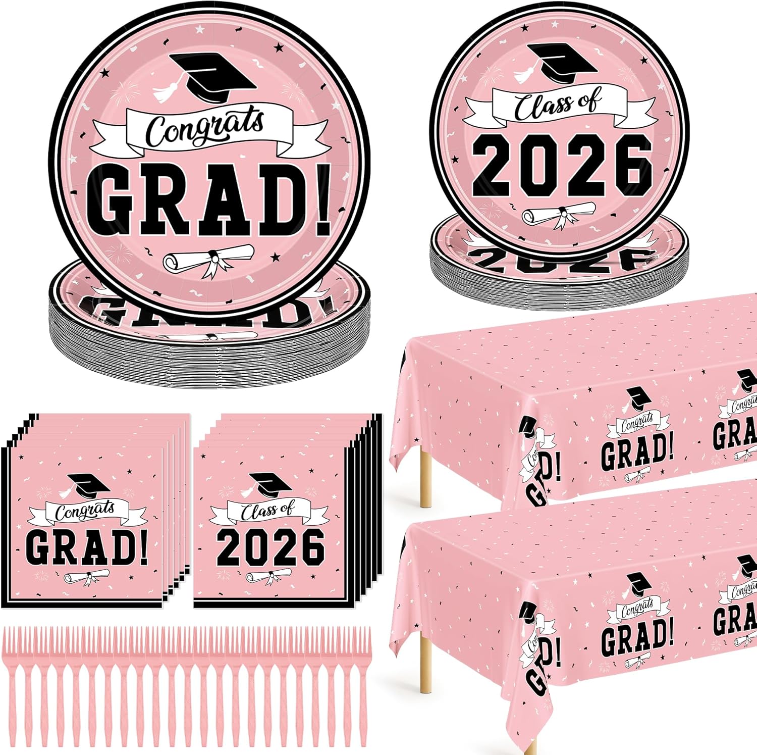 122 Pcs Graduation Plates and Napkins 2026, Pink Class of 2026 Decorations Graduation Decorations Serve 30, Disposable Paper Plates and Napkins Plastic Forks Tablecloth, Congrats Grad Party Favors