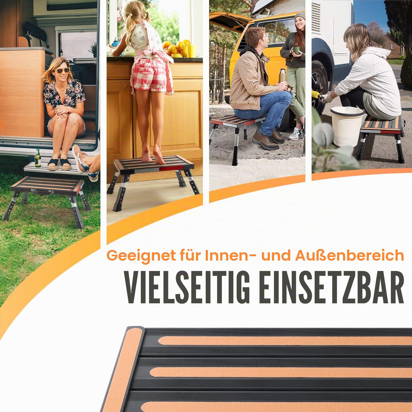Yagud Wohnmobil-Hocker, höhenverstellbar, zusammenklappbar, mit Rutschfester Oberfläche, Gummifüßen, Griff und reflektierenden Streifen, Aluminium-Plattform-Stufe unterstützt bis zu 453 kg, Schwarz