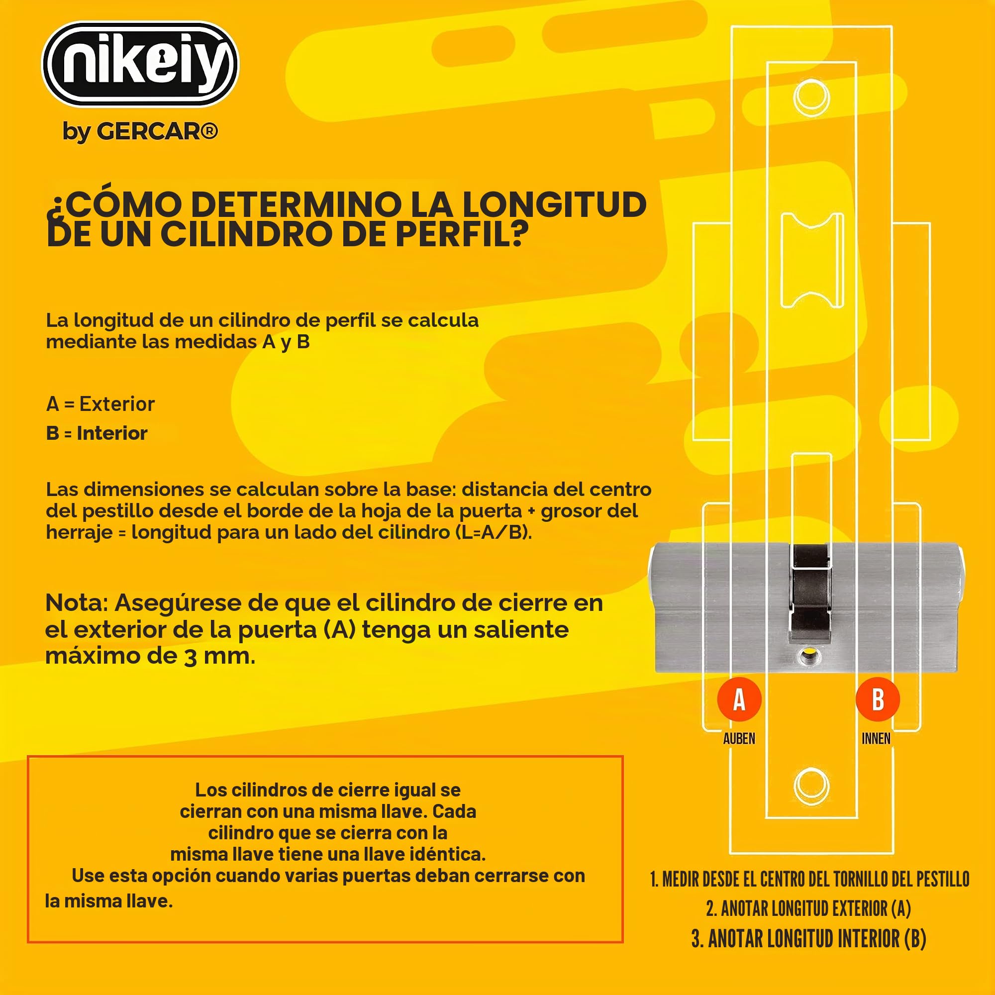GERCAR 6 cilindros cilíndricos de cierre uniforme 35/35 incl. 30 llaves, cilindro de 70 mm, cerradura de puerta con función de emergencia y peligro, juego de 3 unidades de cierre uniforme – Longitud: