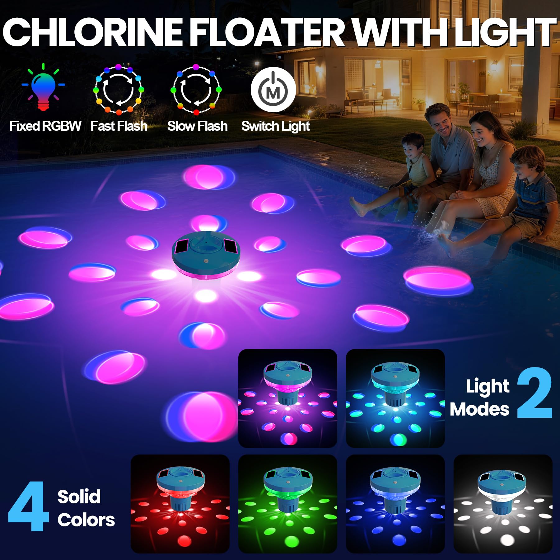 AearKing 2026 Dispenser Cloro Piscina, 5 * 3" Grande Fontana Solare Galleggiante con Luci, Distributore Cloro Piscina con Controllo a Pulsante, Regolabile Dosatore Cloro per Piscina, Spa