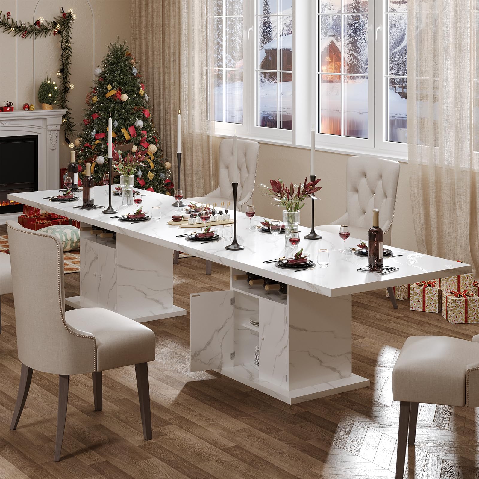 Mesa de Comedor Extensible, Mesa Rectangular,Blanca Efecto mármol, con Estante para vinos y Armario, 120 (160) x 80 x 76 cm, para 4-8 Personas