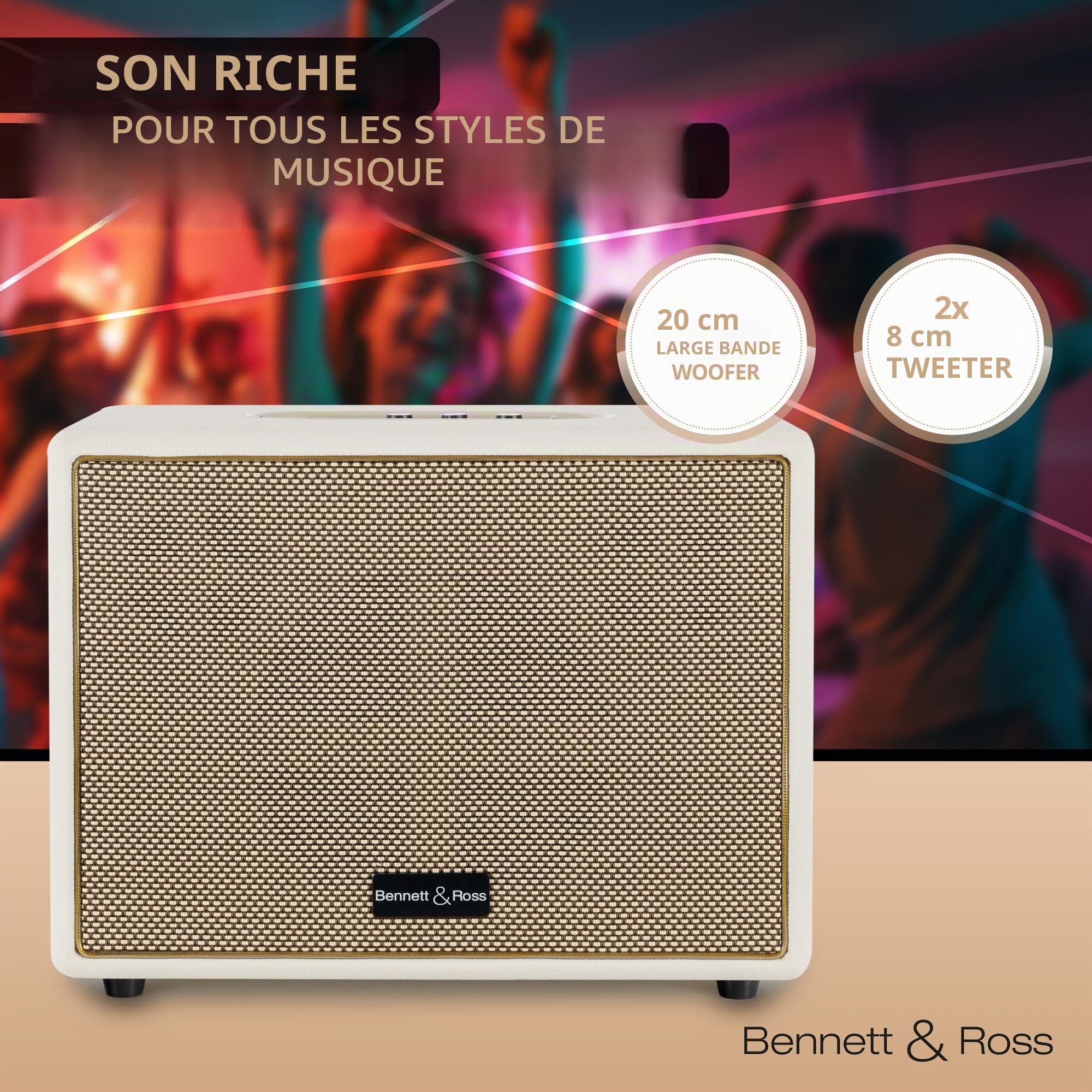 Bennett & Ross BB-880CW Blackmore Giant Haut-Parleur Bluetooth rétro en Cuir - Haut-Parleur Vintage avec 2X 40W - Speaker Entrée USB & Lecteur MP3 - Fonction stéréo True Wireless - aux - Blanc crème
