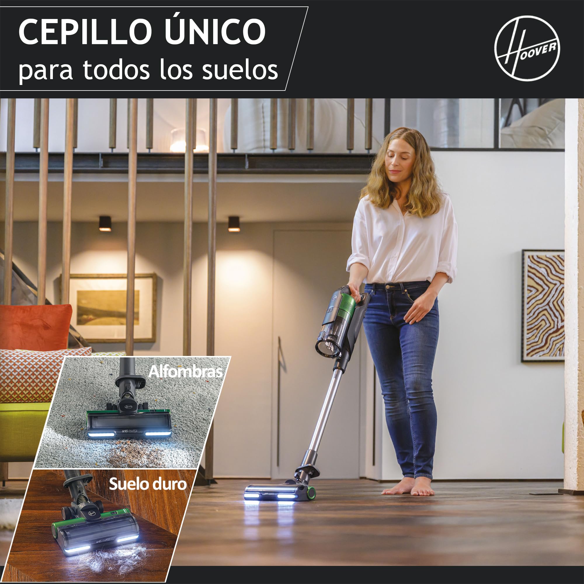 Hoover HF9 Especial Mascotas HF920P, Aspiradora Escoba sin Cable, sin Bolsa, 3 en 1, Escoba, de Mano y Vertical, Cepillo Antienredos, Autonomía 60 min, Color Gris/Verde