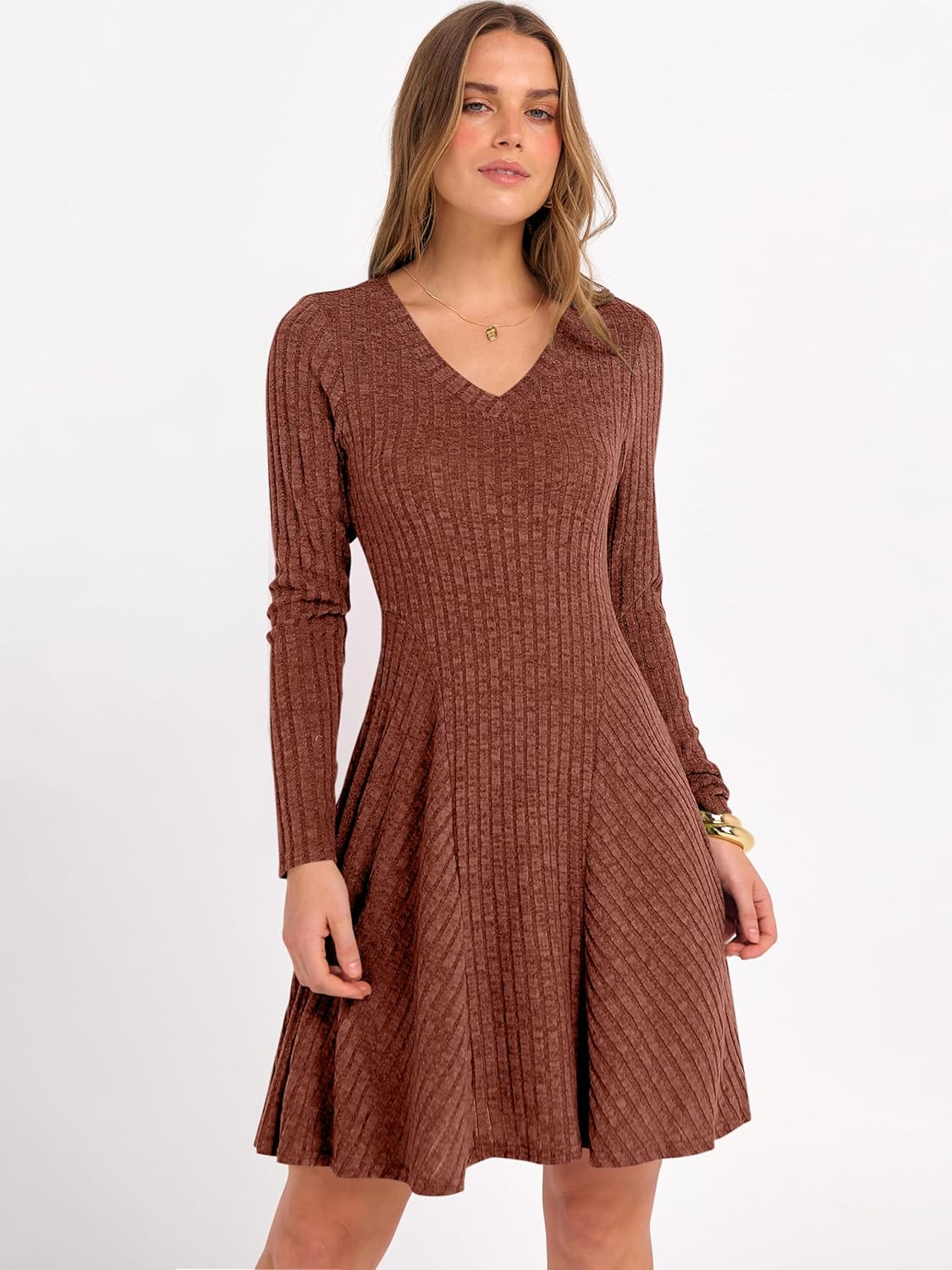 ANRABESS Women Long Sleeve Ribbed Knit Short Dresses 2026 Spring V Neck Casual Swing A Line Sweater Dress - Image 2