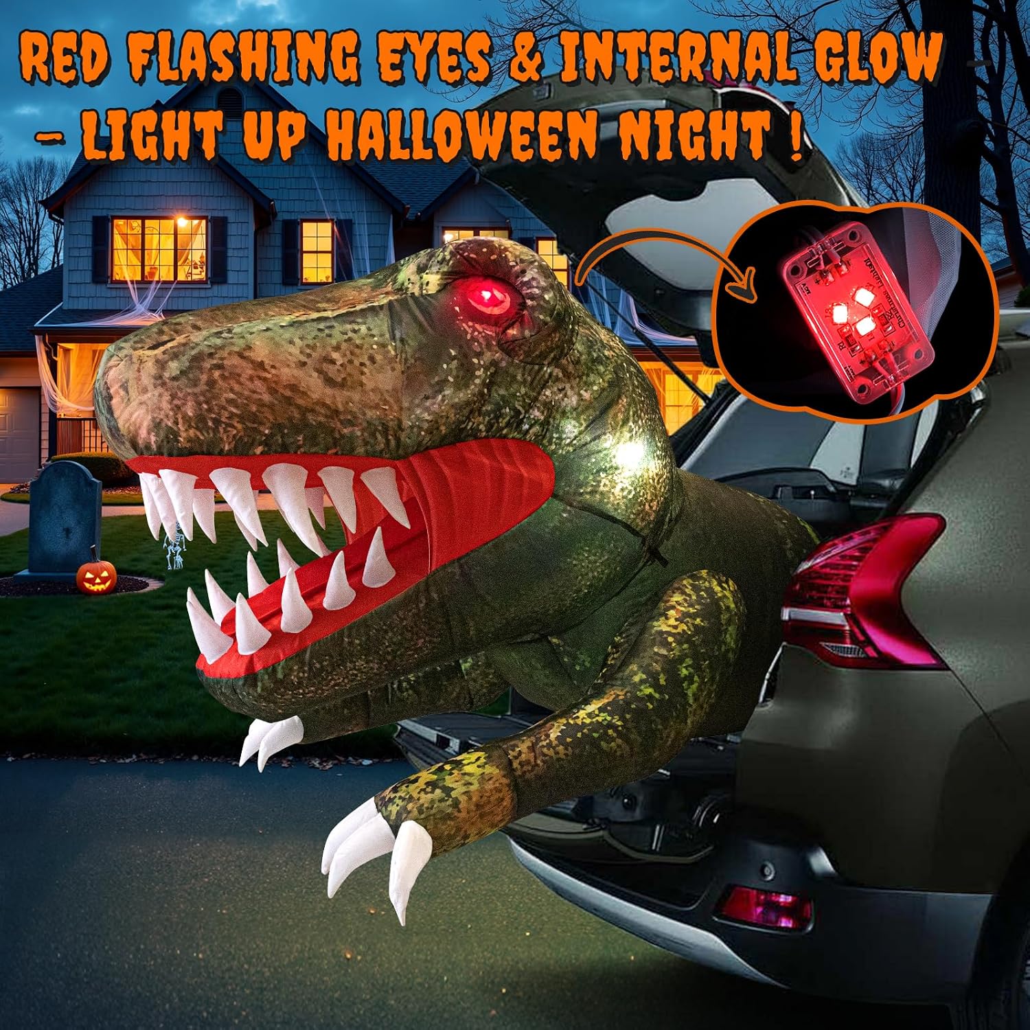 Halloween Inflatable Outdoor Decorations, 3.8FT Trunk or Treat Car Decorations, Blow Up Animated Dinosaur with Flashing Red LED Eyes for Halloween Yard Decoration