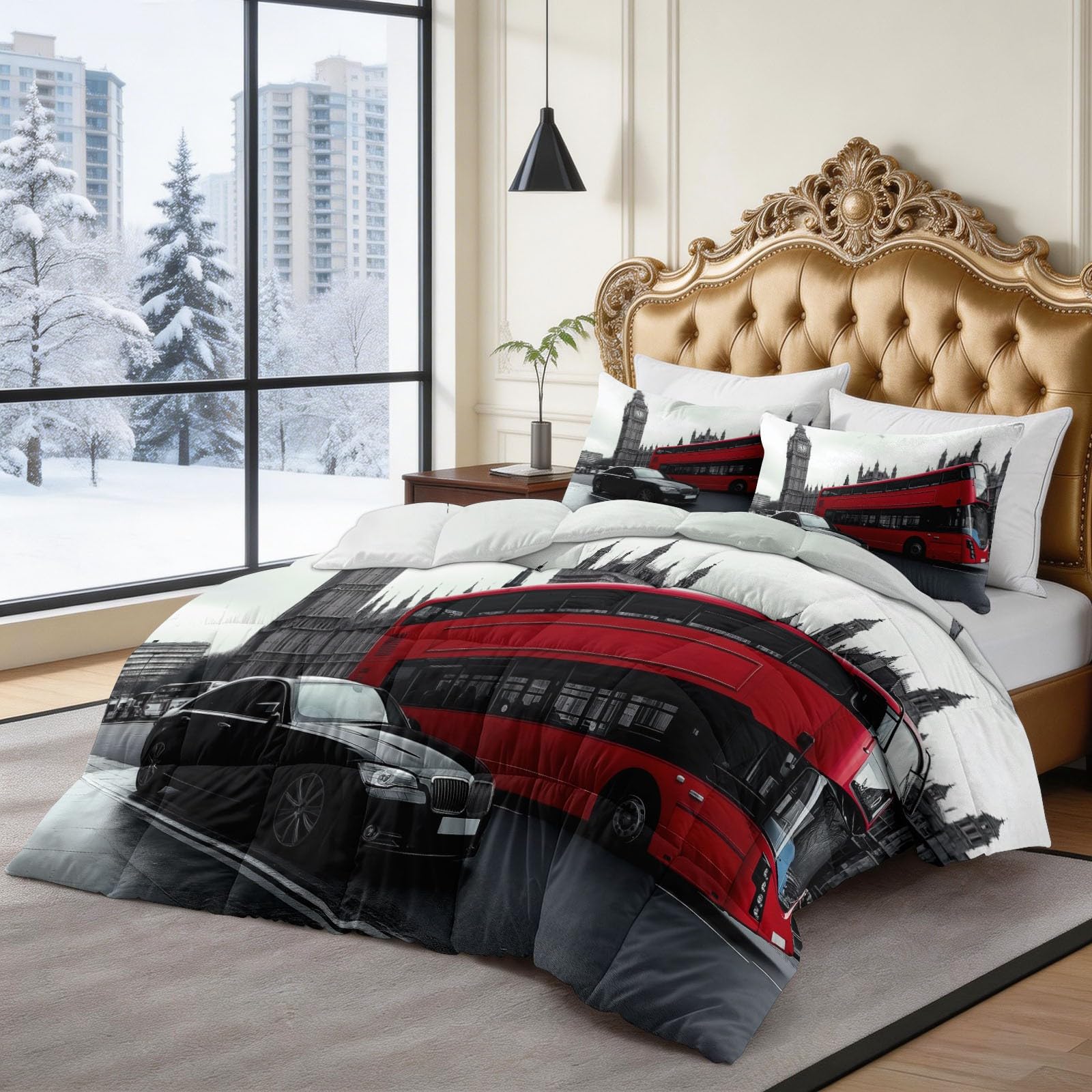 Edredón de autobús de dos pisos para todo el año, 200 x 200 cm, retro, transpirable, para las 4 estaciones, para alérgicos, lavable y suave, con 2 fundas de almohada de 80 x 80 cm