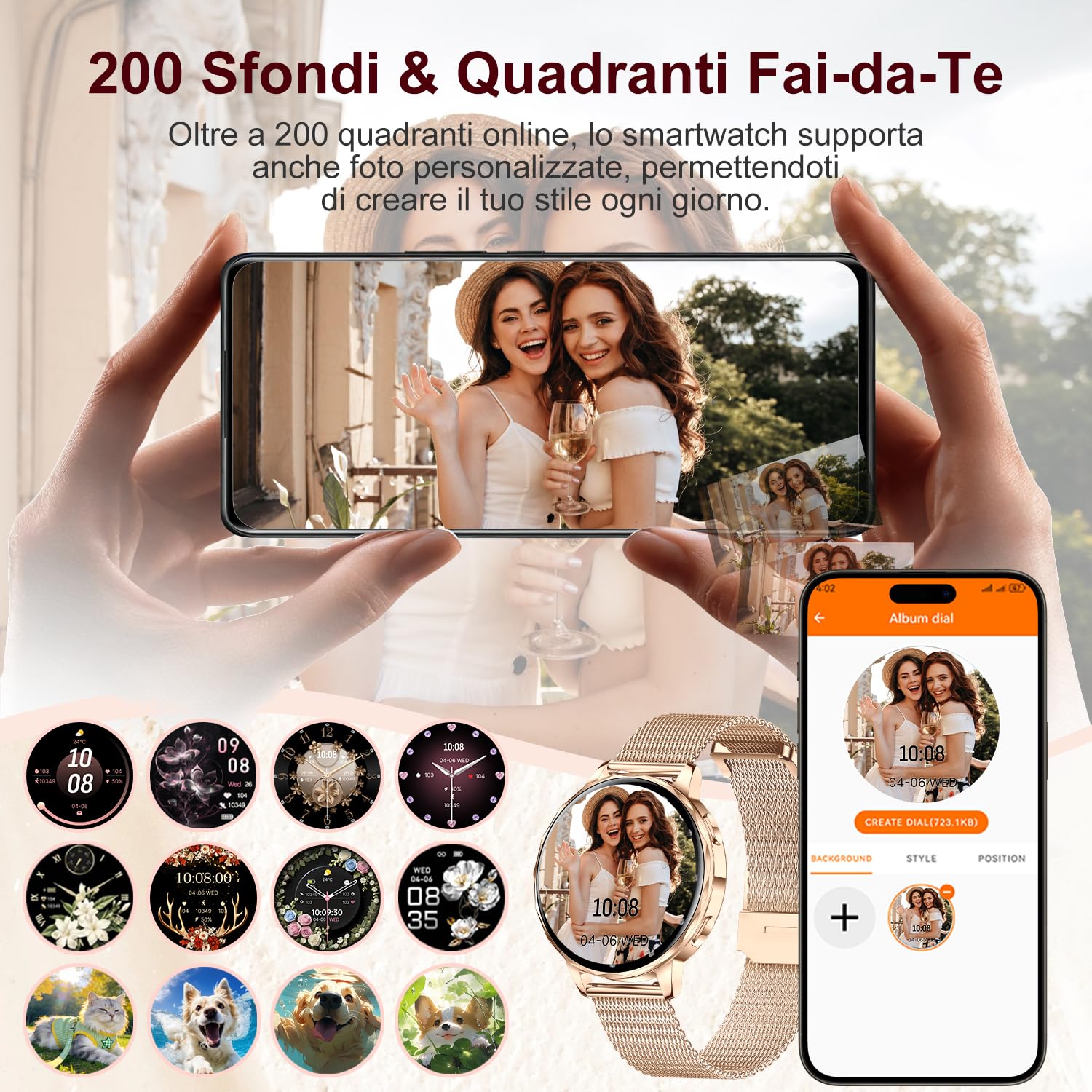 Smartwatch Donna Chiamate Bluetooth,3 Cinturini,1.27" 3D Curvo Schermo Orologio Donna Smartwatch,HR/Passi/Calorie/Pressione/Sonno Monitor,120 Sportiva IP68 per Android & iOS,Rosa oro