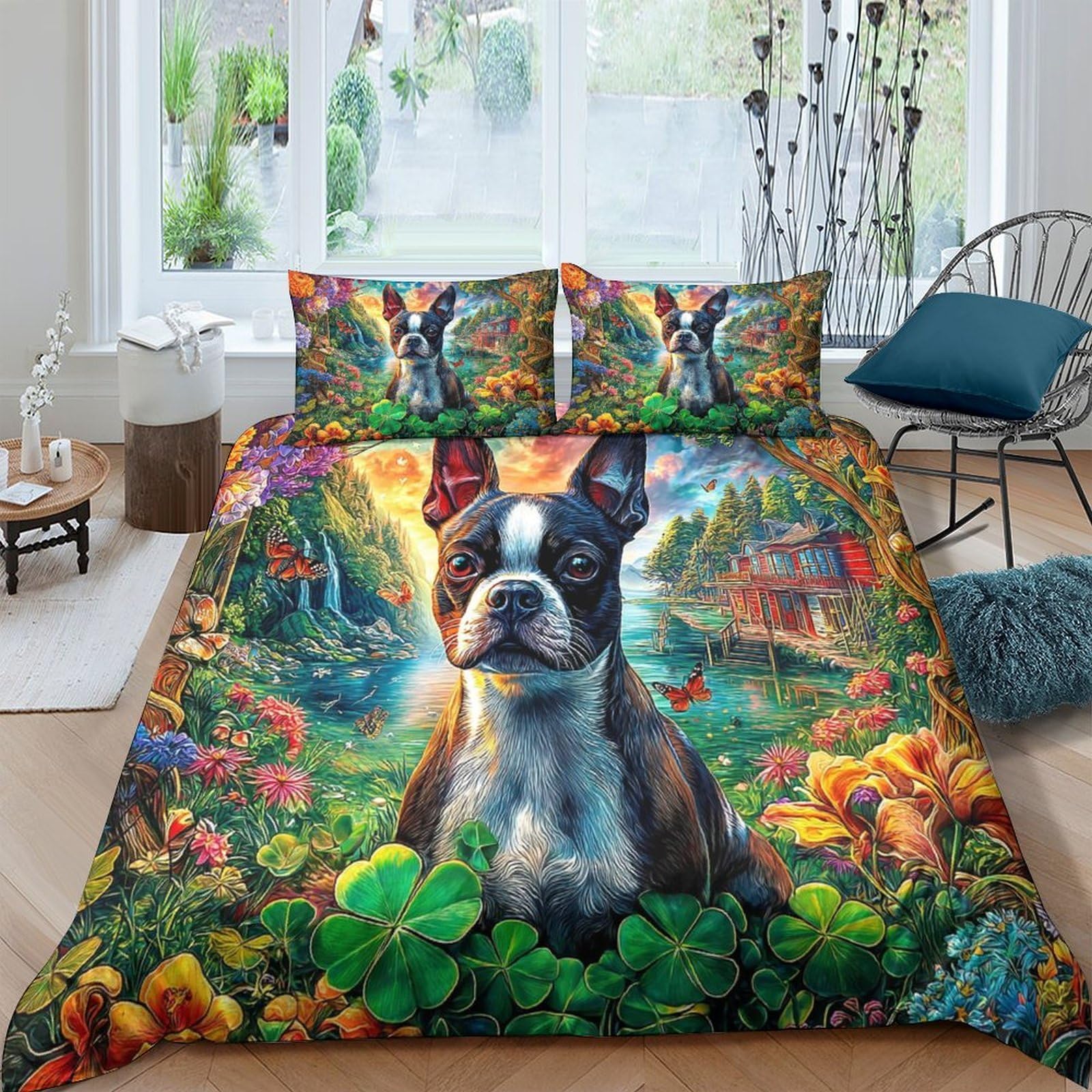 Housse de couette bouledogue français sans repassage en microfilbre douce avec zip