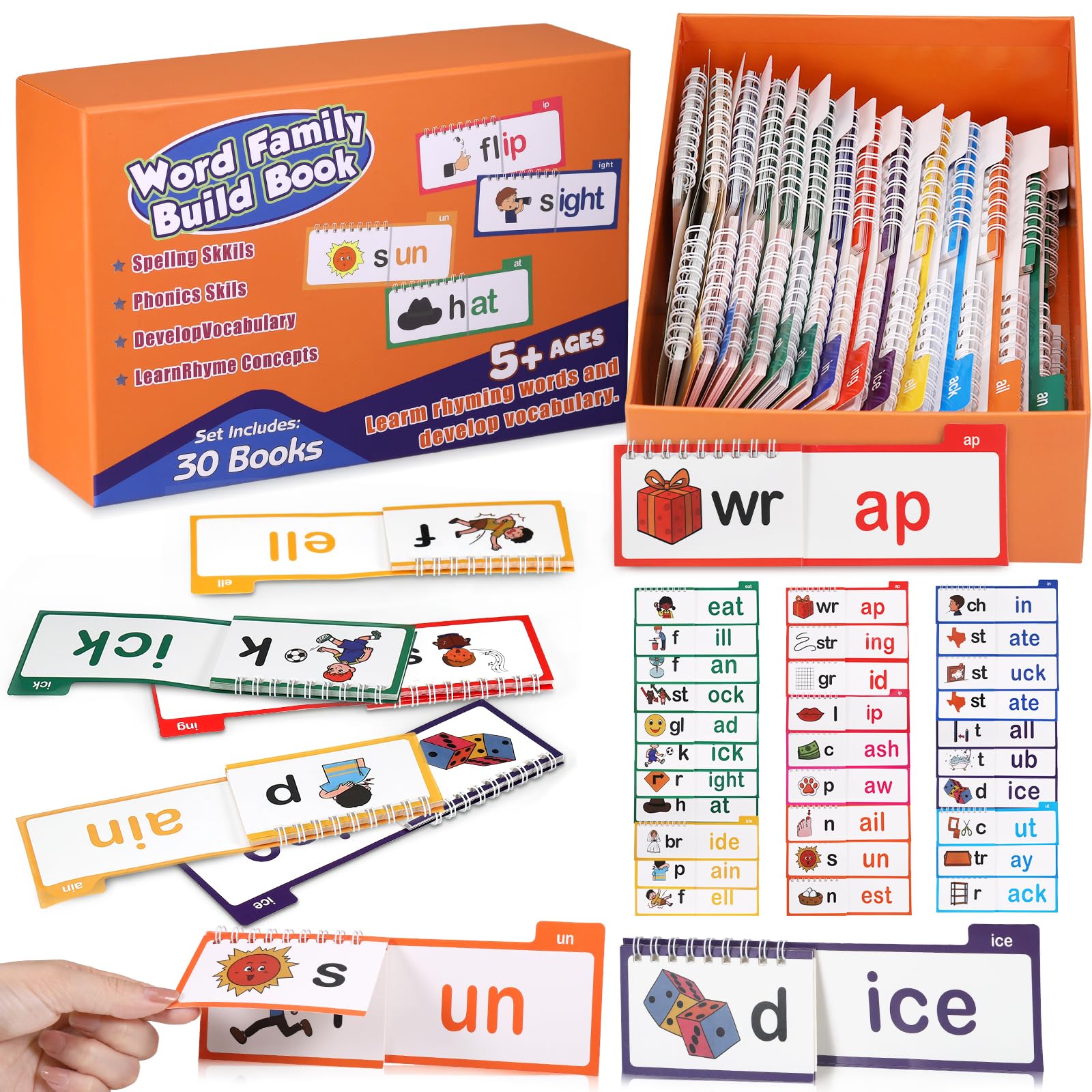 Zourglow 30 Read and Rhyme Flip Books, Word Families Flash Cards, Reading and Rhyming Words ABC Vocabulary Flash Cards, Educational Reading Word Books for Toddlers & Classroom Teaching