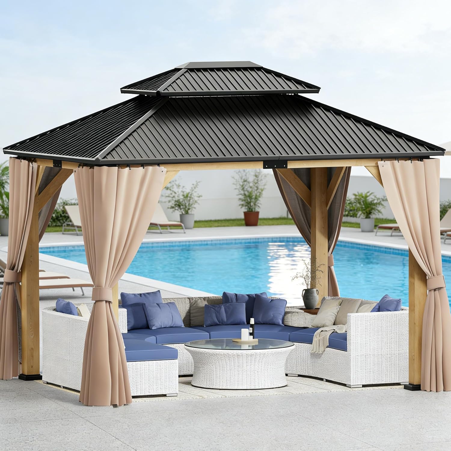 ROCSUMOO 10'×12' Outdoor Gazebo, Patio Double Roof Hardtop Gazebo, Aluminum Roof Wood Gazebo with Netting & Curtains for Patio Garden Backyard Poolside (10x12 FT)