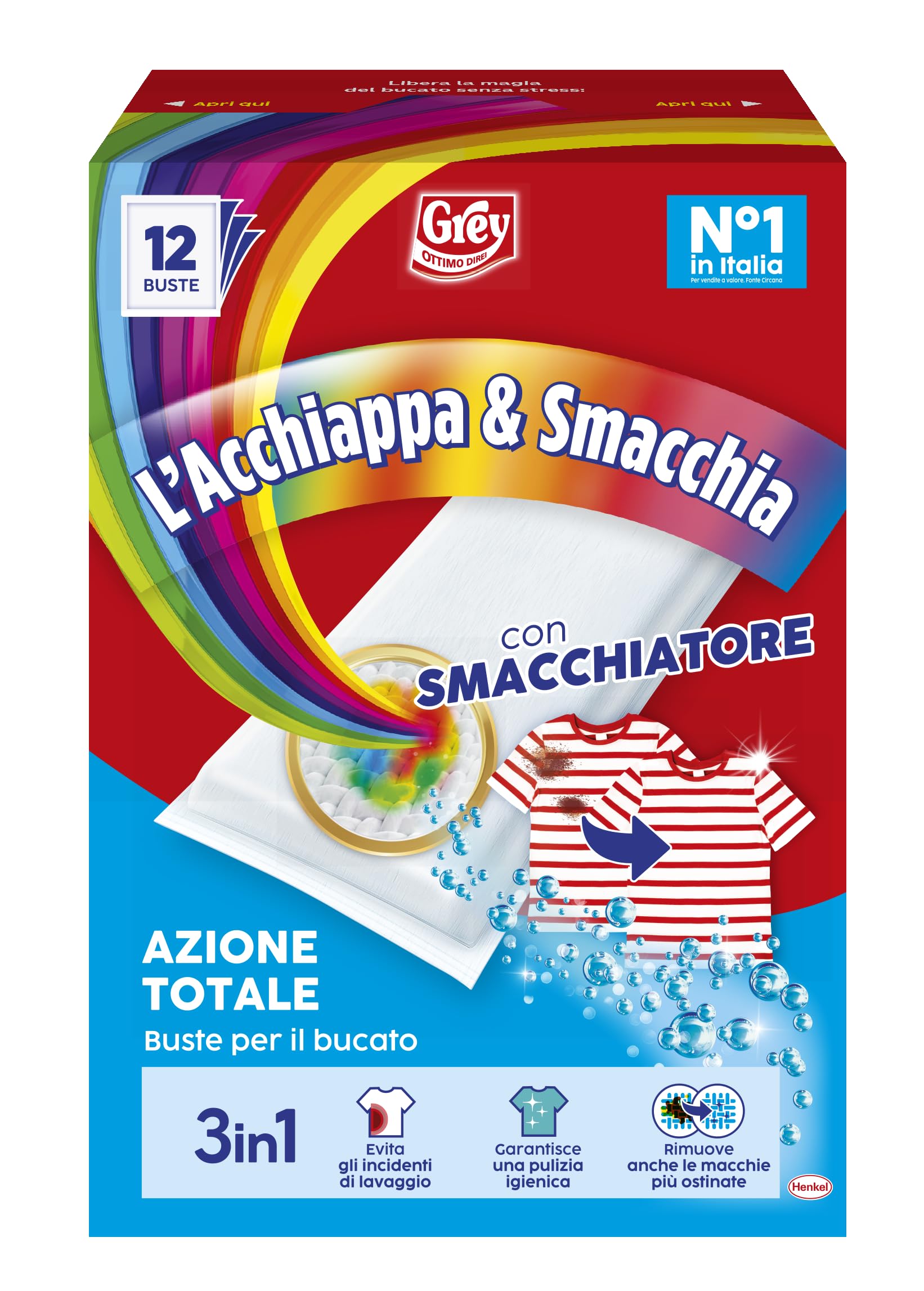 Grey L'Acchiappa & Smacchia 3in1, Buste per il Bucato, Buste Cattura Colore, Con Smacchiatore, Confezione da 12 Buste