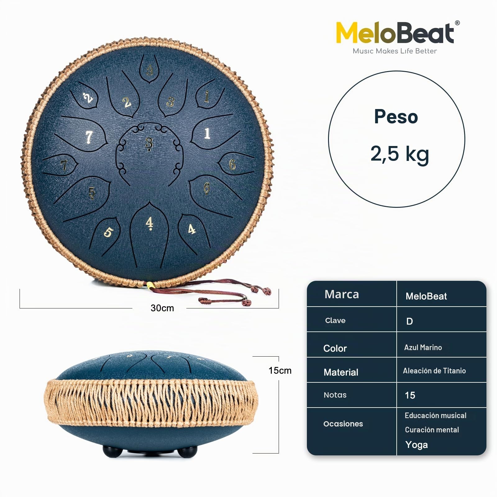 MeloBeat Tambor de Lengua Acero - 12 Pulgadas 15 Notas Tongue Drum Set Profesional de Handpan en Re Mayor Incluye Libro de Canciones, Clave D ((Azul Oscuro)