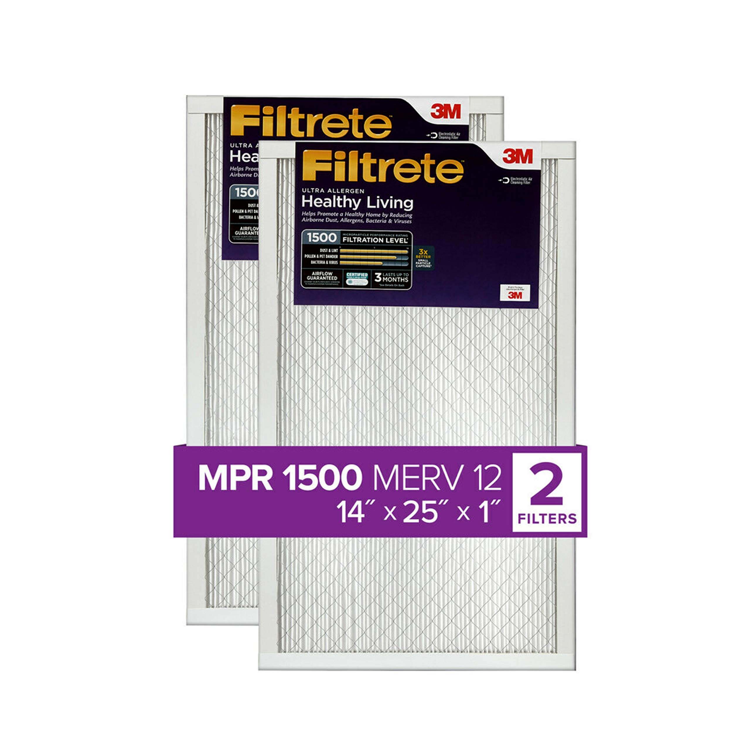 Filtrete 14x25x1 Air Filter, MPR 1500, MERV 12, Healthy Living Ultra-Allergen 3-Month Pleated 1-Inch Air Filters, 2 Filters