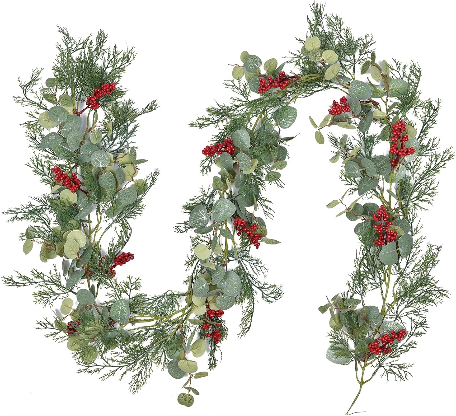 DearHouse 6FT Christmas Pine Garland, Artificial Greenery Garland with Spruce Cypress Red Berries Pinecones for Holiday Season Mantel Fireplace Table Runner Centerpiece Xmas Decor