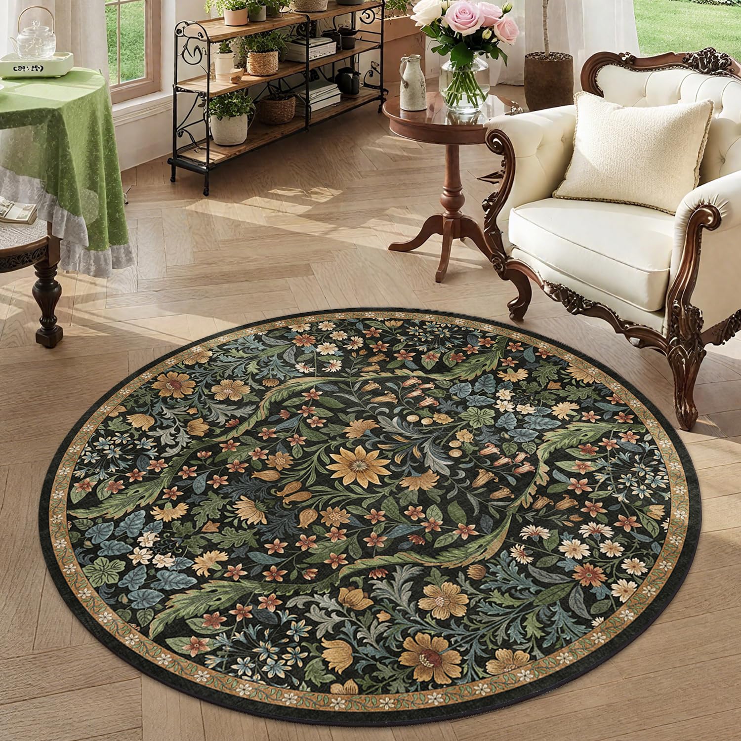 Round Rug 4ft Floral Circle Rug Brown Botanical Indoor Area Rugs
