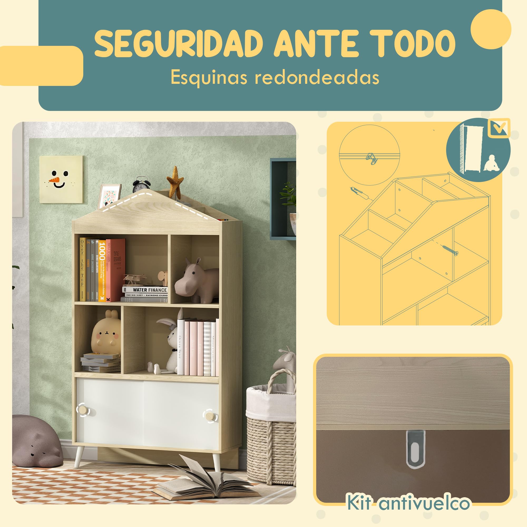 AIYAPLAY Estantería Infantil de Madera 80x30x140,5 cm Blanco y Natural | 4 Compartimentos, Librería Infantil, Estantes Abiertos, Armario, para Habitación Niños, Sala Juegos
