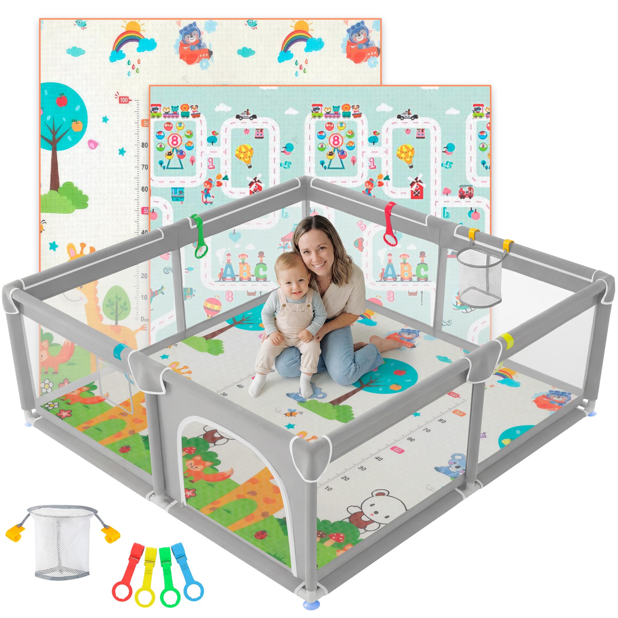 JUPPLIES Box Bambini 120×120 cm – Recinto Gioco per Neonato 6-24 Mesi, Rete Traspirante 360°, Struttura Antiscivolo e Robusta, Facile da Montare (Grigio con Manici + Cestino + Tappeto)