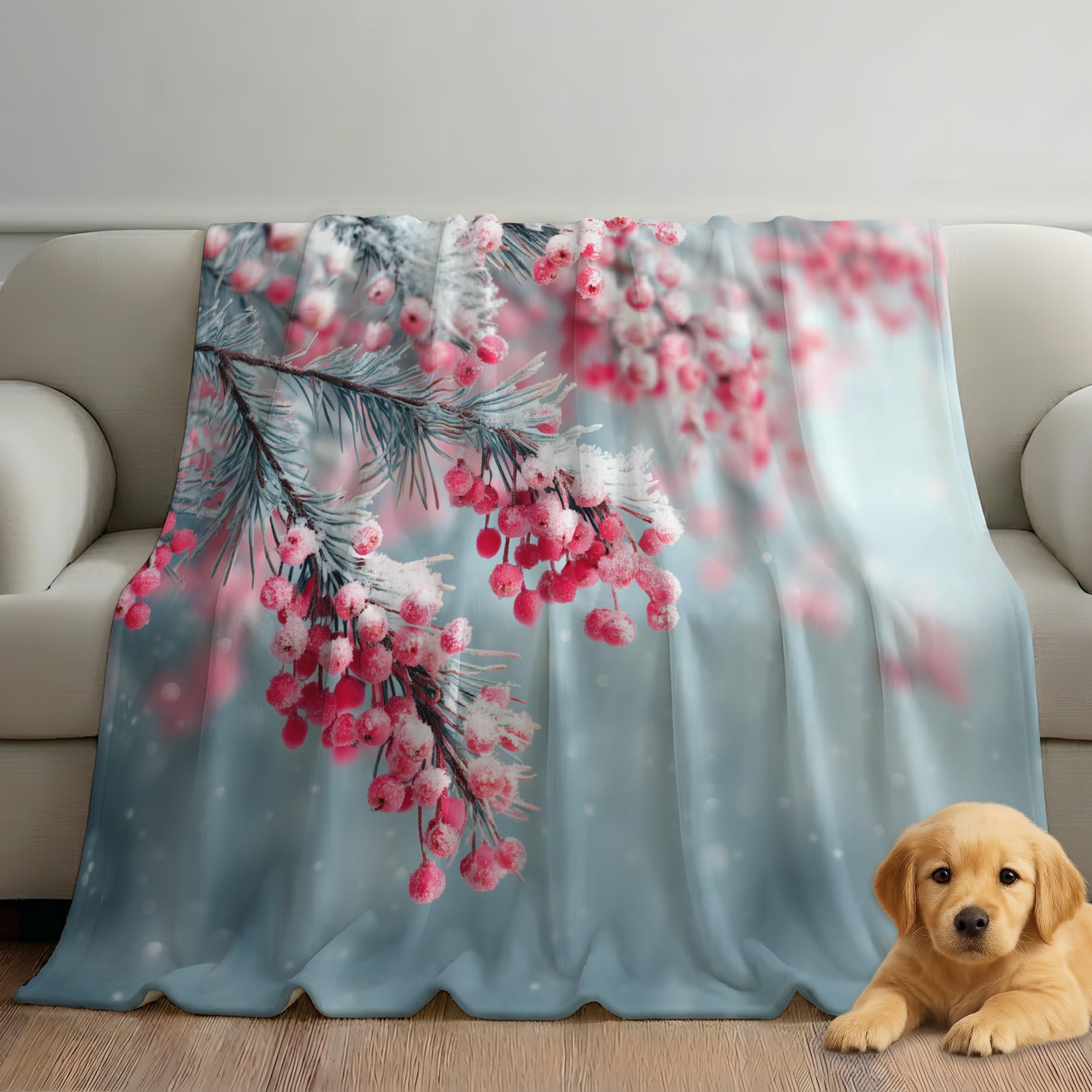 Generico Coperta Singolo Grigio Nebbia Lavabile in Lavatrice, Calda e Confortevole Coperte Pelosa per Divano e Letto, Floreale Bacche Ghiacciate Inverno Coperta Delicata sulla Pelle 150 x 200 cm