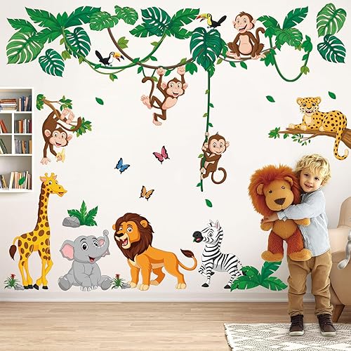 DECOWALL DSL-8069 - Calcomanías de pared de dibujos animados de animales de la selva elefante mono jirafa bosque de león calcomanías para niños bebé