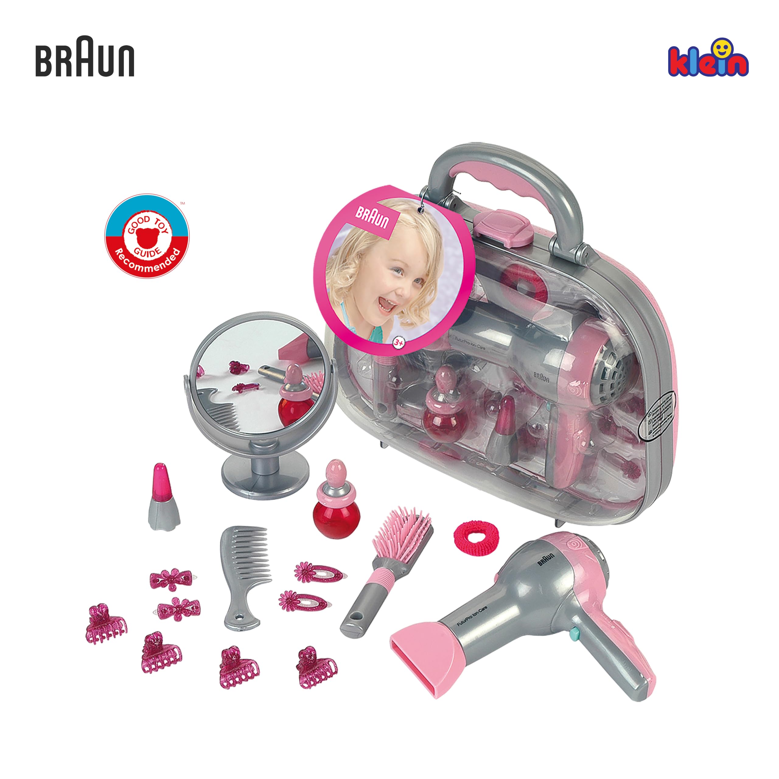 Theo Klein 5855 Valigetta del Parrucchiere con Asciugacapelli Braun, Specchio, Pettine e Accessori Styling, con Phon a Batterie, 27.5 cm x 11 cm x 22.2 cm, Giocattolo per Bambini a Partire dai 3 Anni