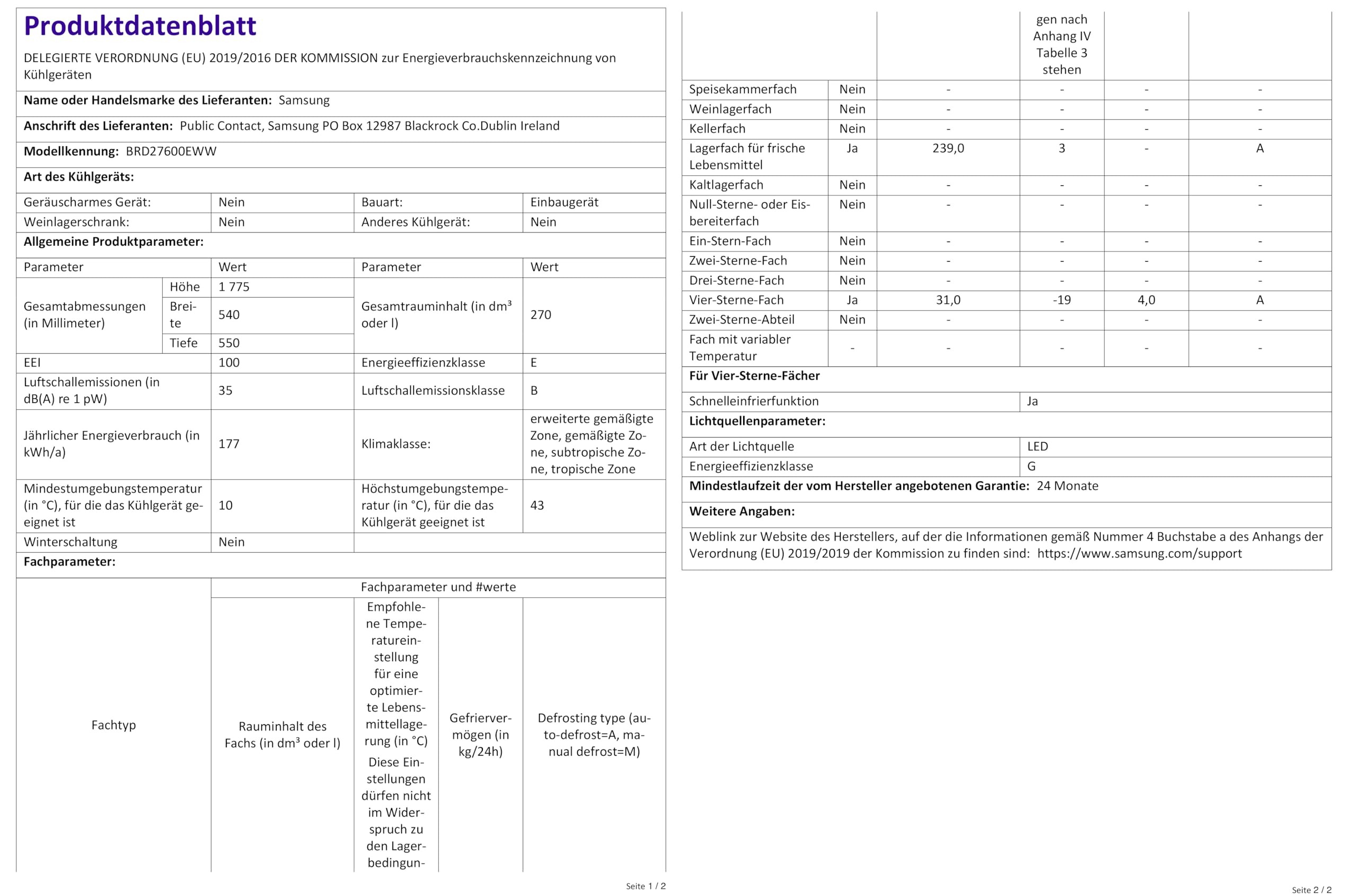 Samsung BRD27600EWW/EF Einbaukühlschrank mit Gefrierfach, 177 cm, No Frost+ Kühl-Gefrier-Kombination, Mit AI Energy Mode & SpaceMax für mehr Platz, Leise und energieeffizient, Mit Schlepptürtechnik