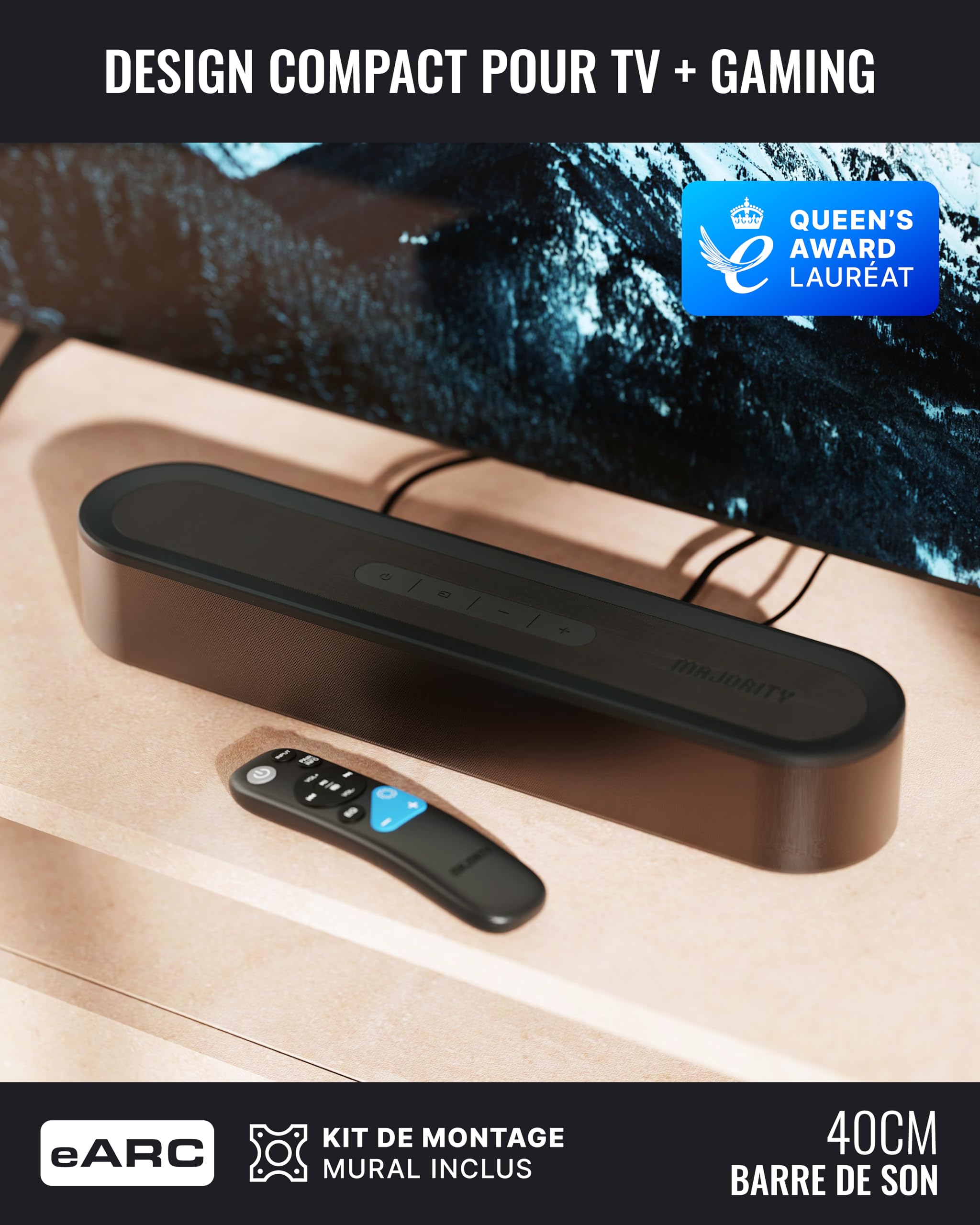 Majority Barre de Son TV | 140W Dolby Audio Home Cinema Enceinte TV | Système Audio Surround Dolby, Bluetooth 5.3, HDMI eARC, Optique, AUX et USB, Montage Mural avec Télécommande