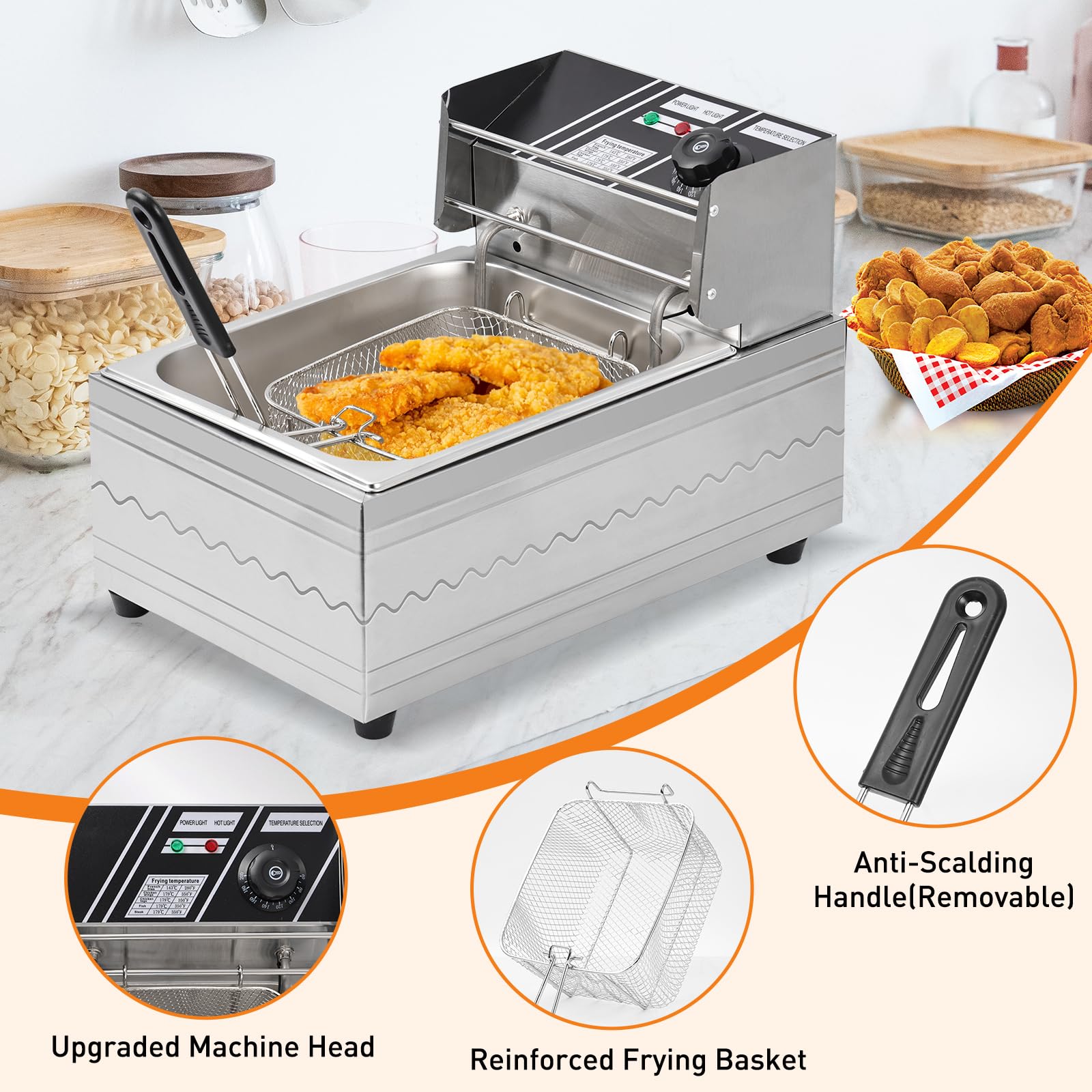 Freidora eléctrica – Freidora eléctrica de gran capacidad de 6 litros con cesta desmontable, control de temperatura ajustable, freidora comercial de acero inoxidable de 1600 W para restaurante y hogar 6