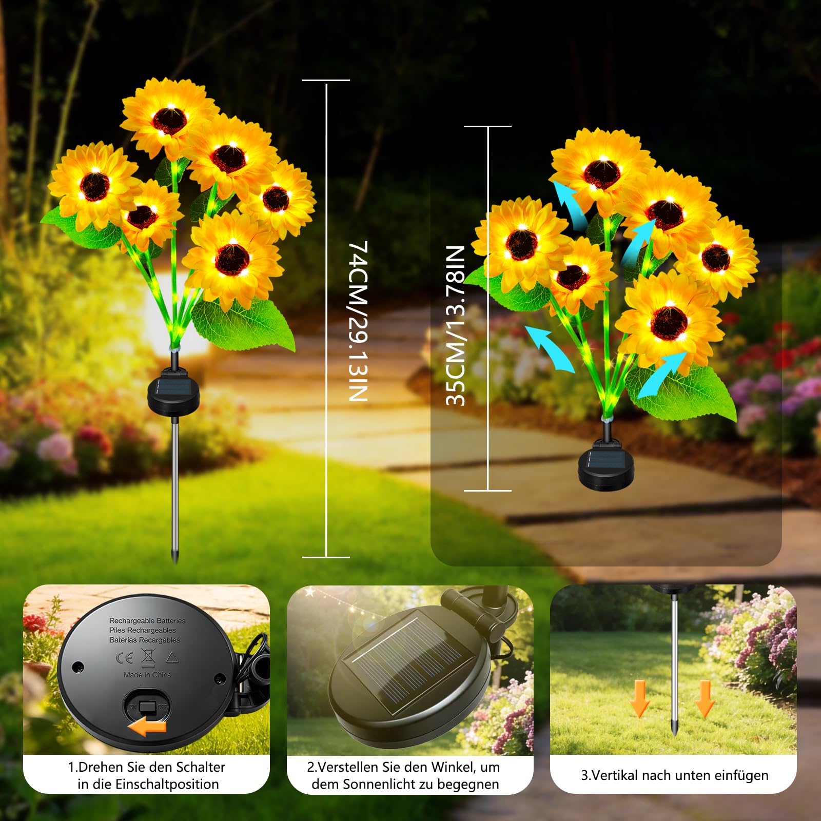 2 lampade solari a forma di girasole, 55 LED, luce bianca calda, illuminazione solare per vialetti, luci a forma di girasole, IP44, impermeabili, per giardino, sentiero, terrazza, decorazione