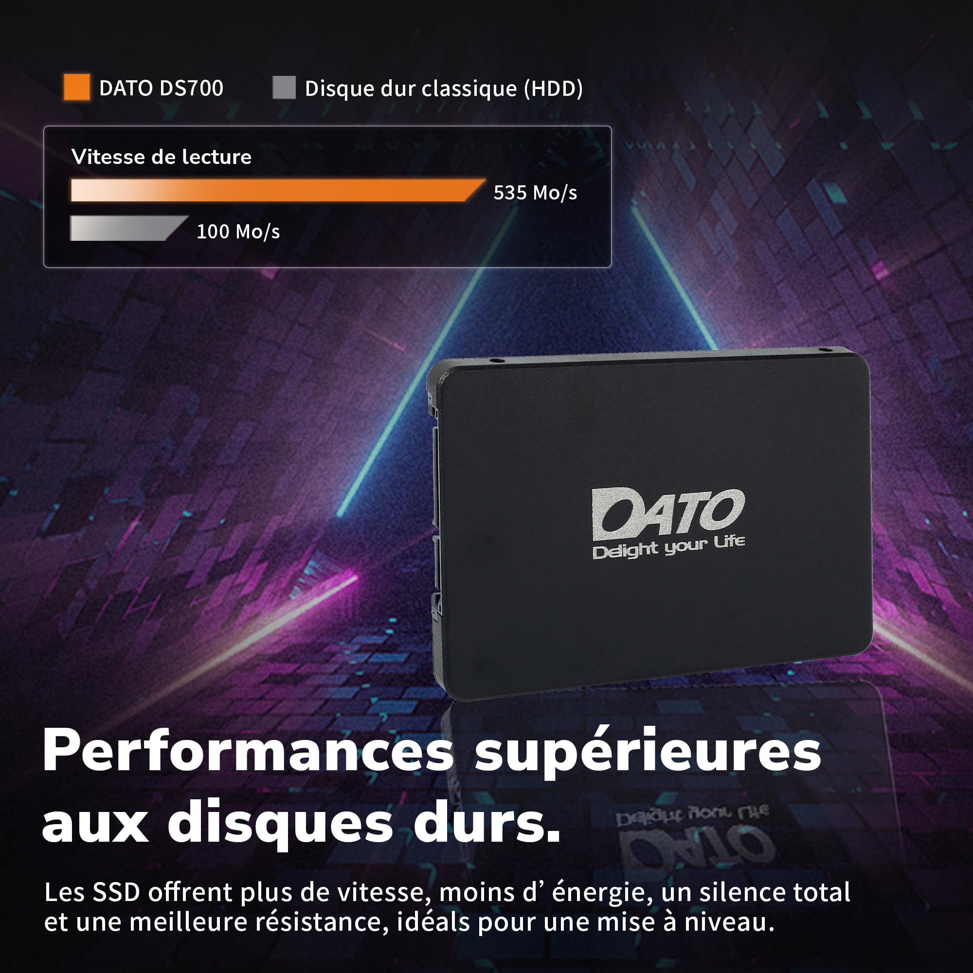 DATO SSD Interne 1 to 2,5" SATA III, mémoire Flash 3D NAND, Cache SLC, Jusqu’à 535/500 Mo/s, Compatible avec Ordinateurs Portables et PC de Bureau
