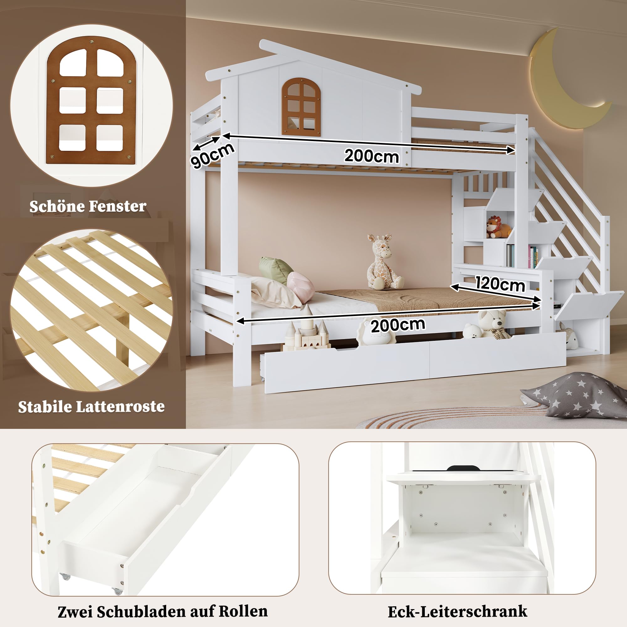 Kinderbett Bett 90x200 & 120x200 cm Etagenbett 2 Kinder, Hochbett mit Stauraum Treppe, Hausbett mit Stauraum 2 Schubladen, Holzbett Kinderbett mit Rausfallschutz, Ohne Matratze, Weiß